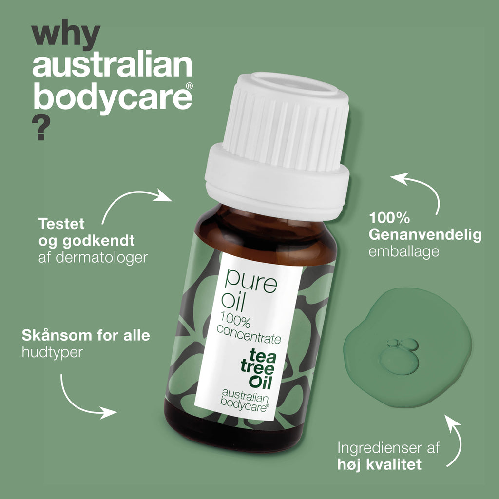 Koncentreret Tea Tree Oil til hudproblemer —  100% naturlig og ufortyndet Tea Tree Oil fra Australien