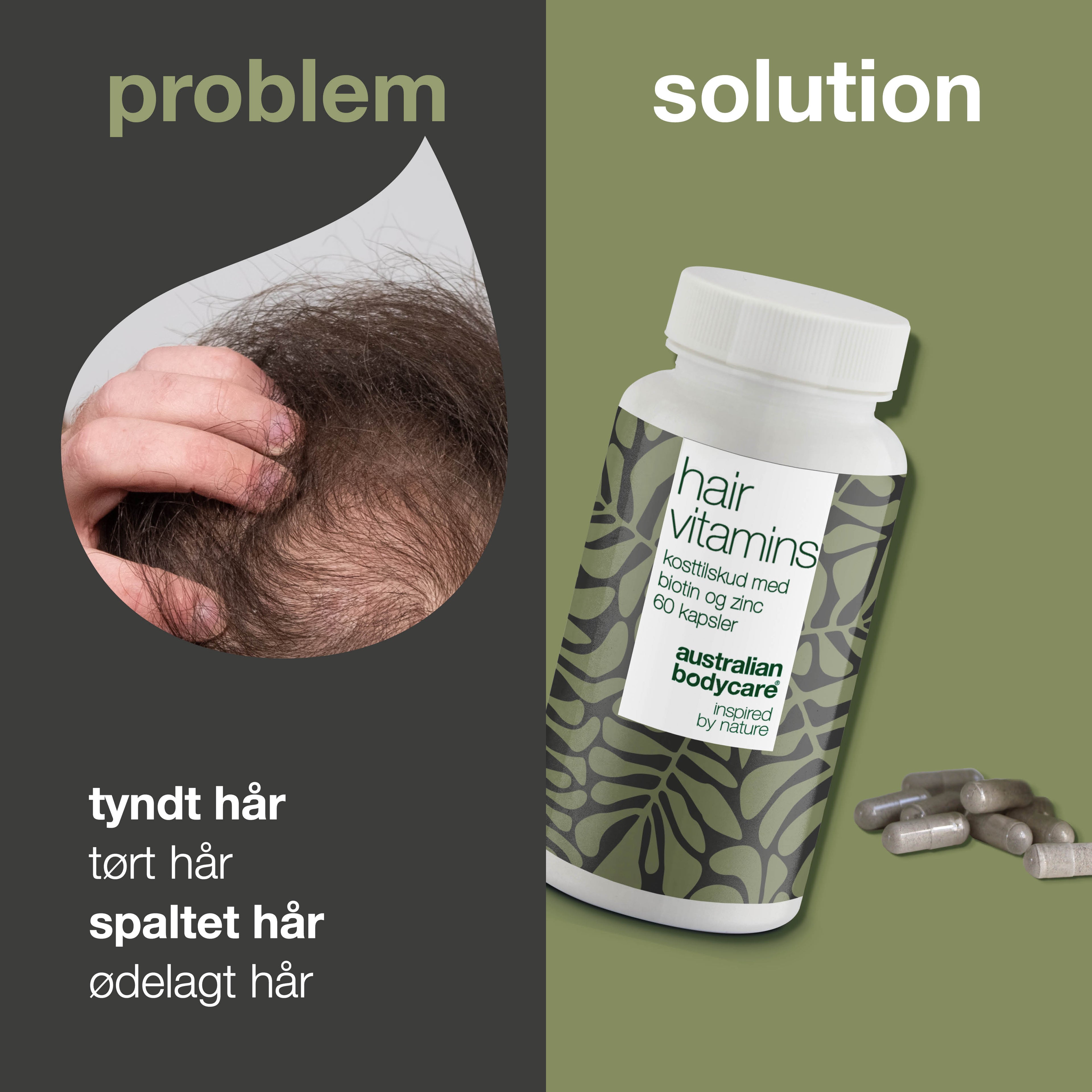 Hårvitaminer med Biotin — Vitaminer med højt indhold af biotin, som bidrager til at vedligeholde et normalt hår.