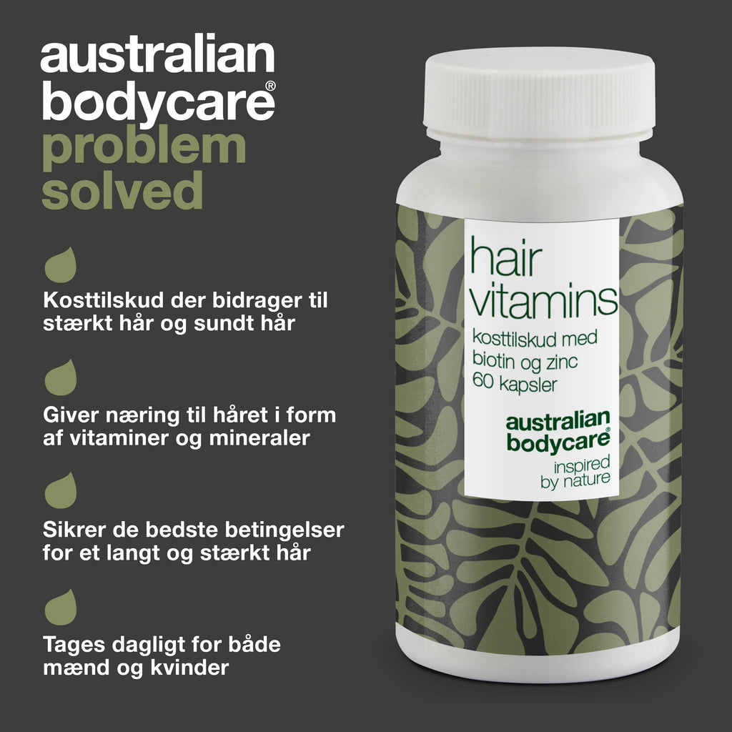 Hårvitaminer med Biotin — Vitaminer med højt indhold af biotin, som bidrager til at vedligeholde et normalt hår.