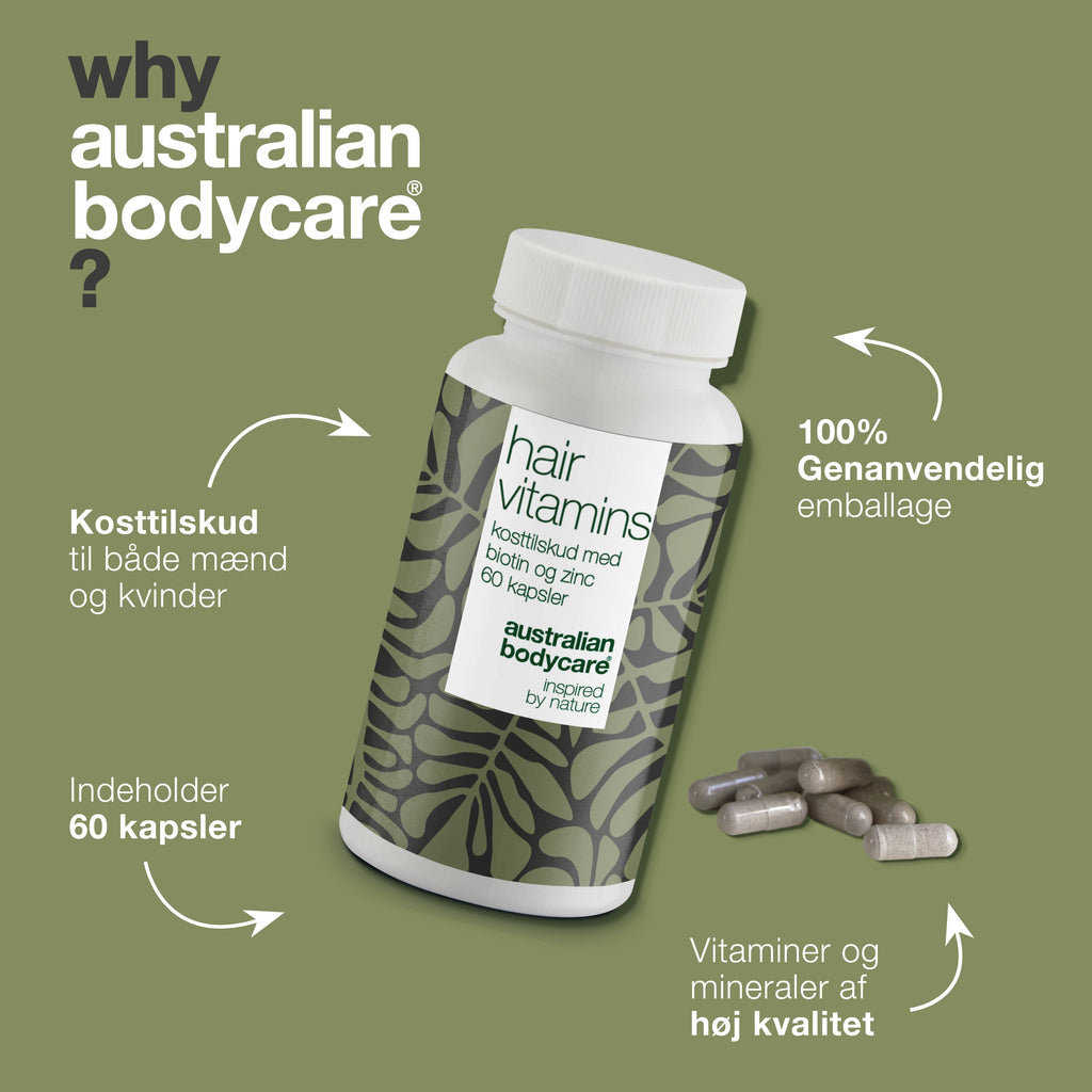 Hårvitaminer med Biotin — Vitaminer med højt indhold af biotin, som bidrager til at vedligeholde et normalt hår.