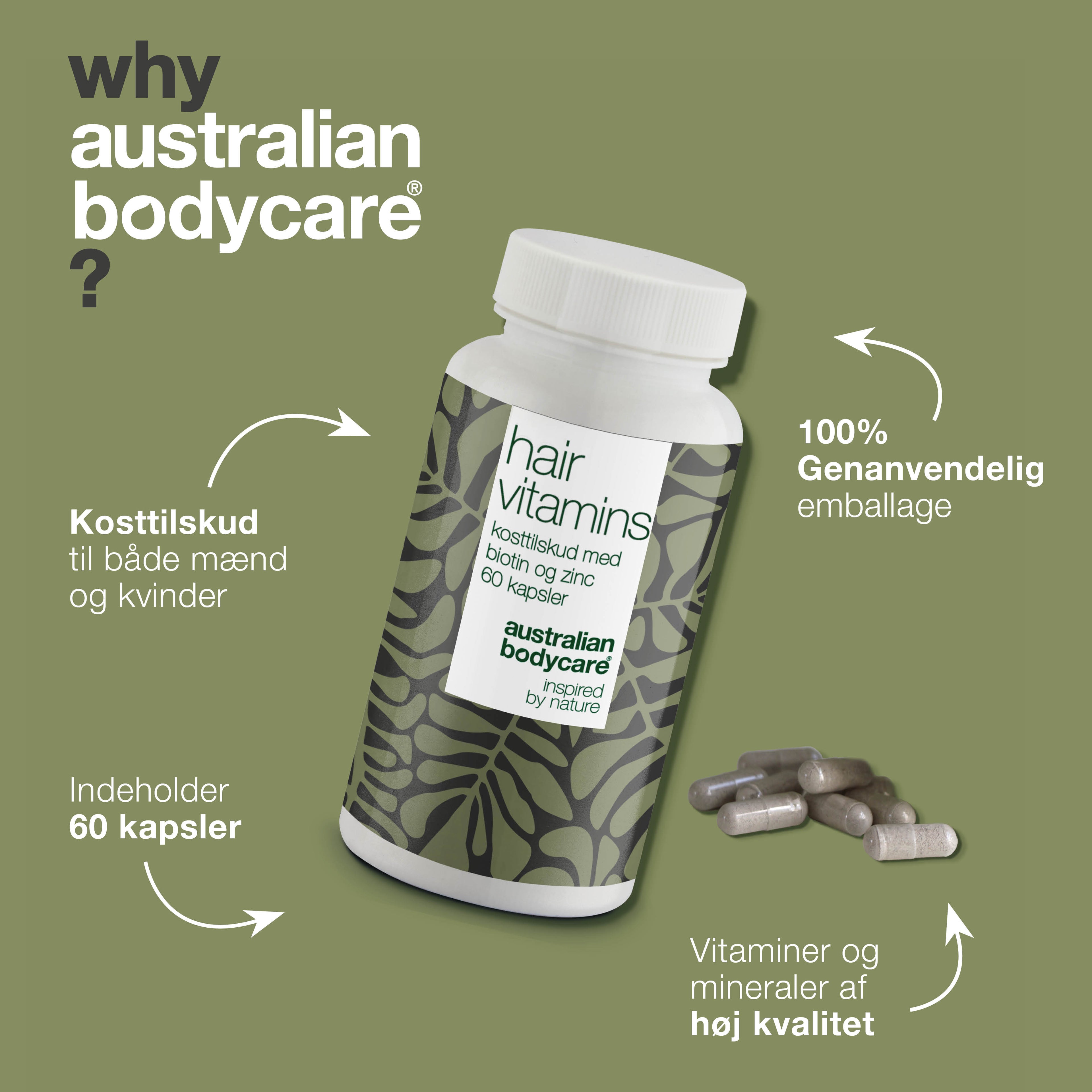 Hårvitaminer med Biotin — Vitaminer med højt indhold af biotin, som bidrager til at vedligeholde et normalt hår.