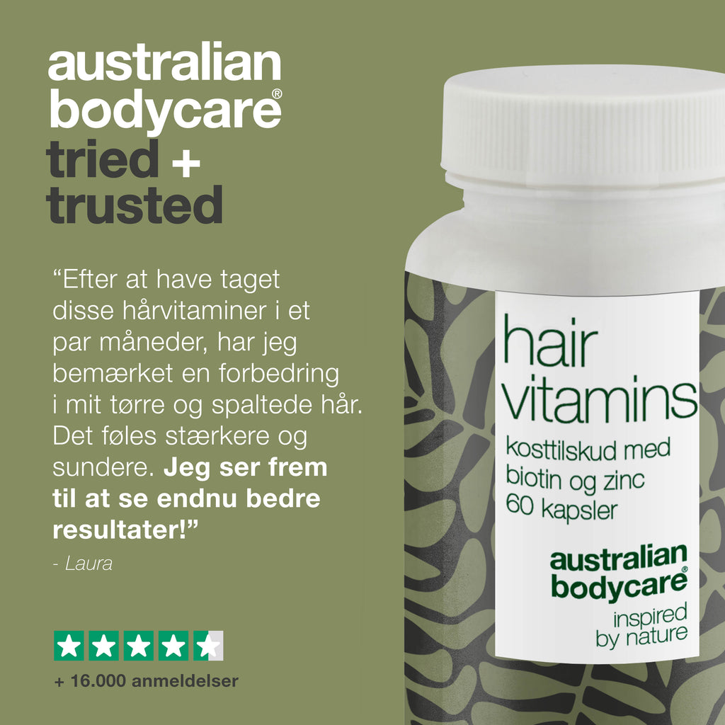 Hårvitaminer med Biotin — Vitaminer med højt indhold af biotin, som bidrager til at vedligeholde et normalt hår.