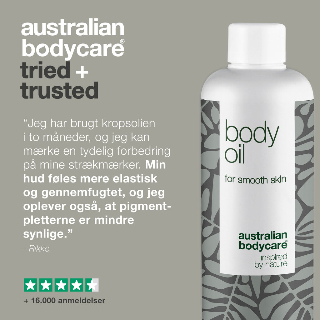 Body Oil – Reducerer strækmærker, ar og pigmentpletter — Body Oil reducerer strækmærker, ar og pigmentpletter. Med mandelolie, squalane og vitamin E efterlades huden blød, smidig og velplejet.