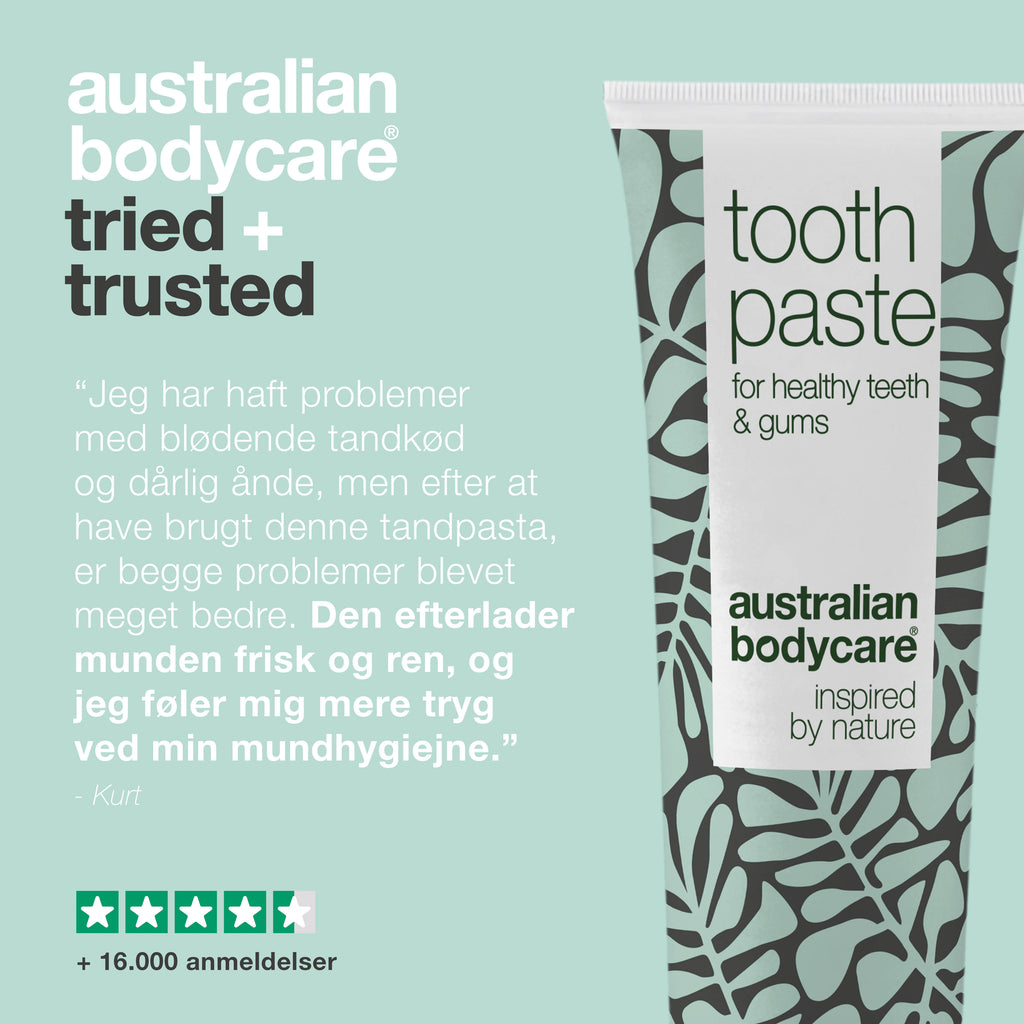Tea Tree Oil Tandpasta med fluor — Til god mundhygiejne og pleje ved paradentose og mundsvamp