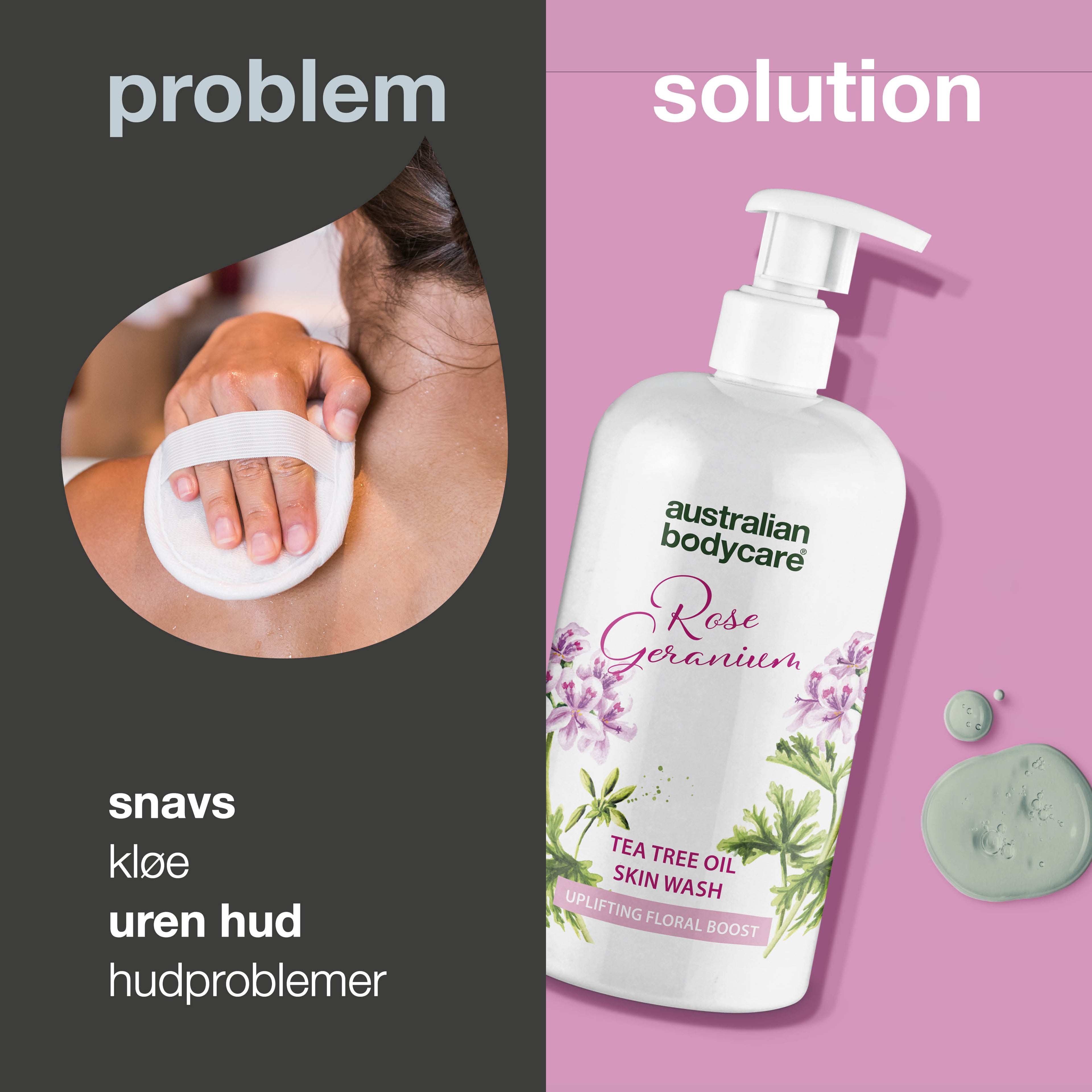 Professionel Rose Skin Wash — Dybderensende professionel showergel med Tea Tree Oil og Rose Geranium