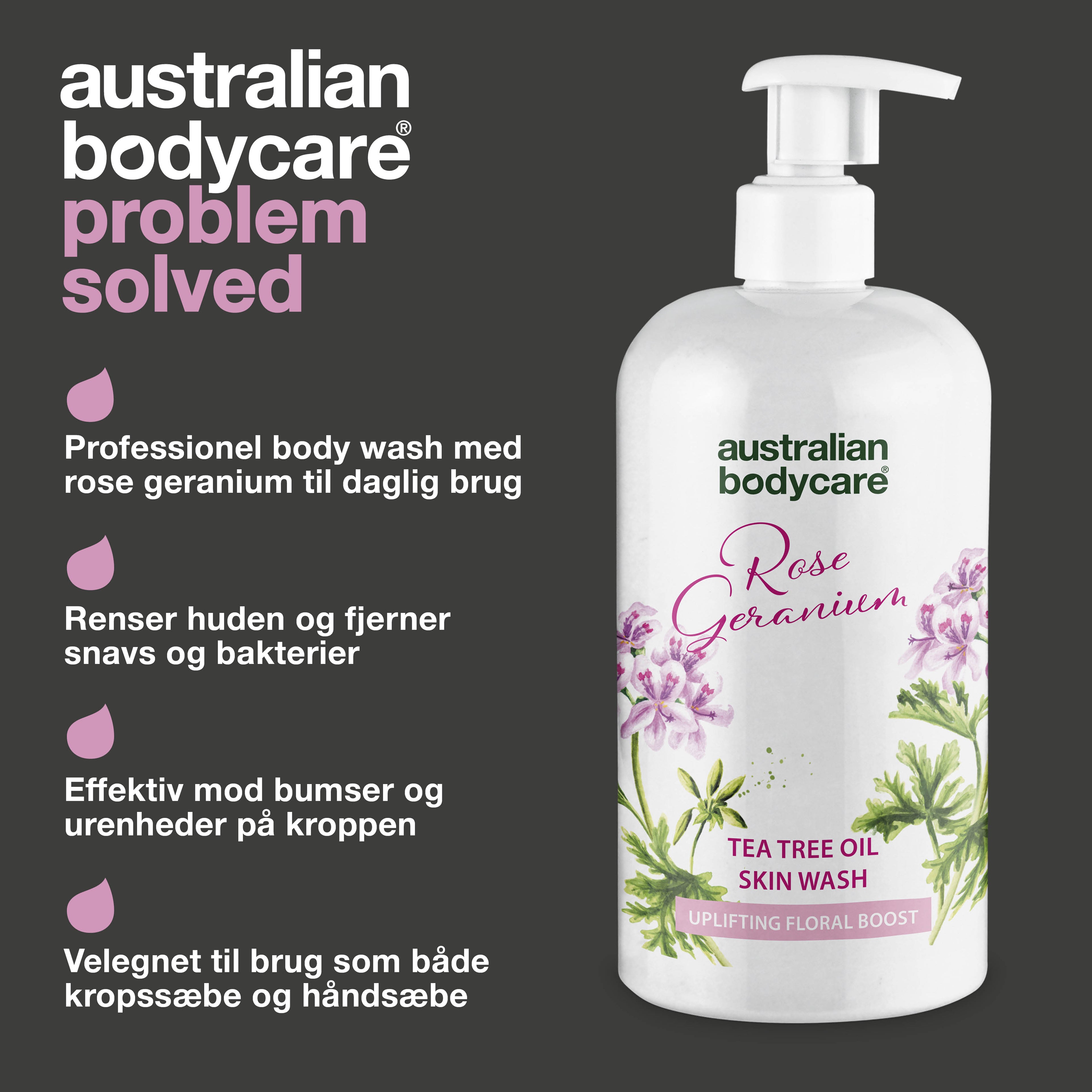 Professionel Rose Skin Wash — Dybderensende professionel showergel med Tea Tree Oil og Rose Geranium