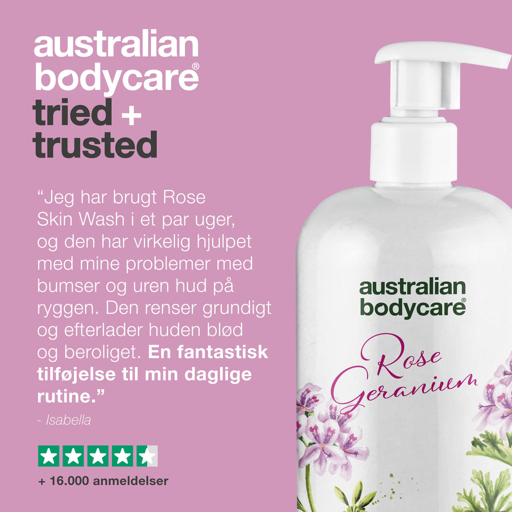 Professionel Rose Skin Wash — Dybderensende professionel showergel med Tea Tree Oil og Rose Geranium
