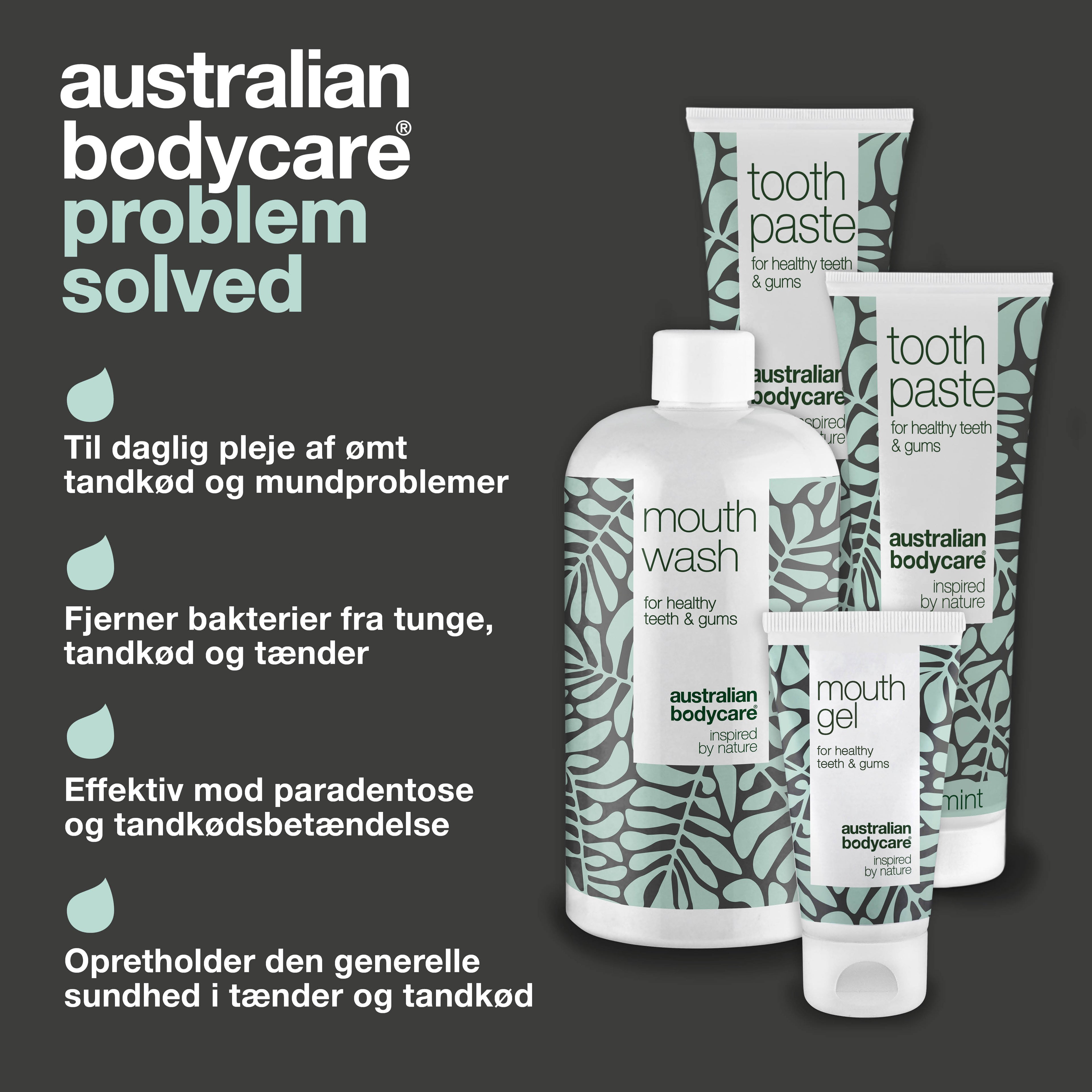 Mundpakken med 4 produkter med Tea Tree Oil — Til daglig pleje ved mundsvamp, paradentose og tandkødsbetændelse