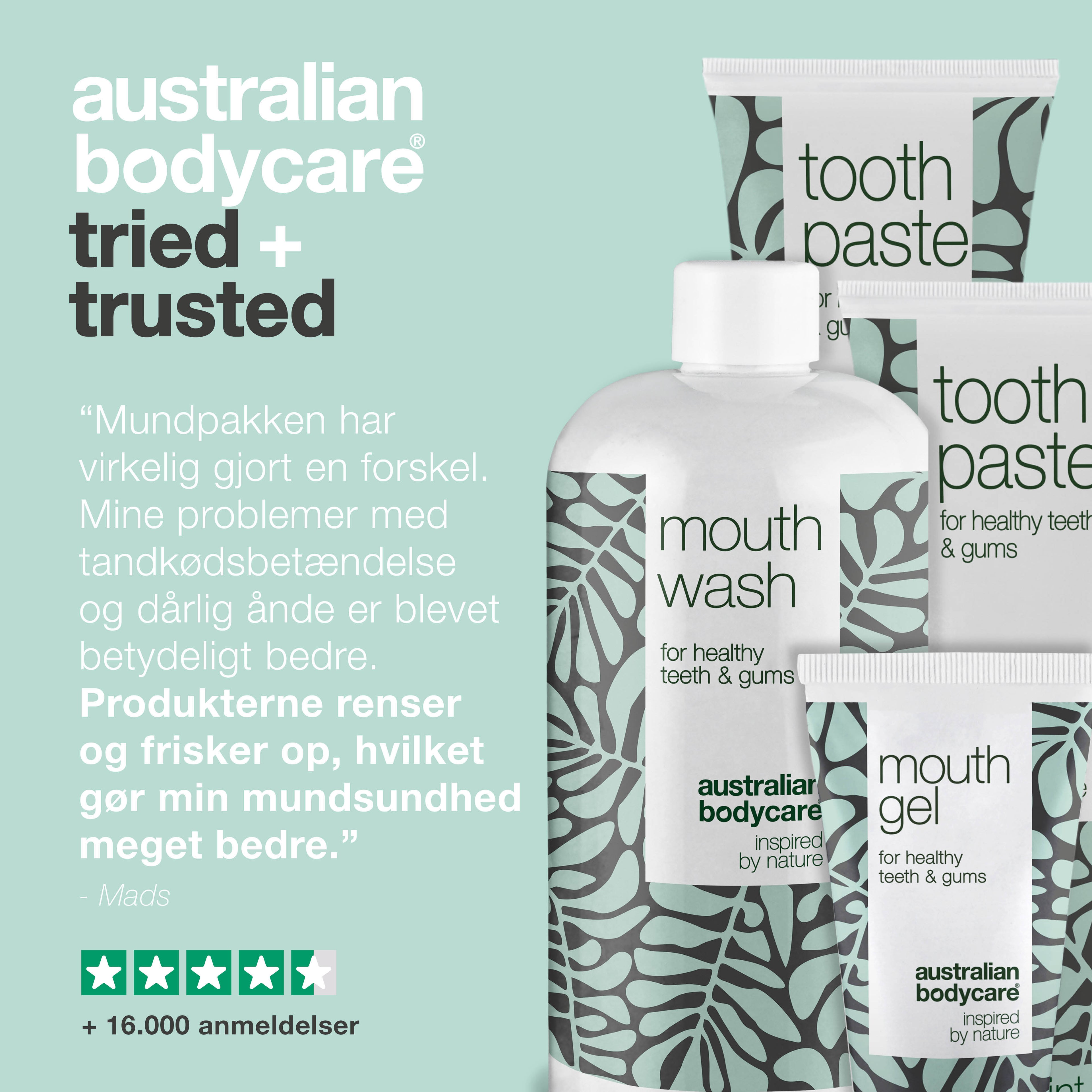 Mundpakken med 4 produkter med Tea Tree Oil — Til daglig pleje ved mundsvamp, paradentose og tandkødsbetændelse