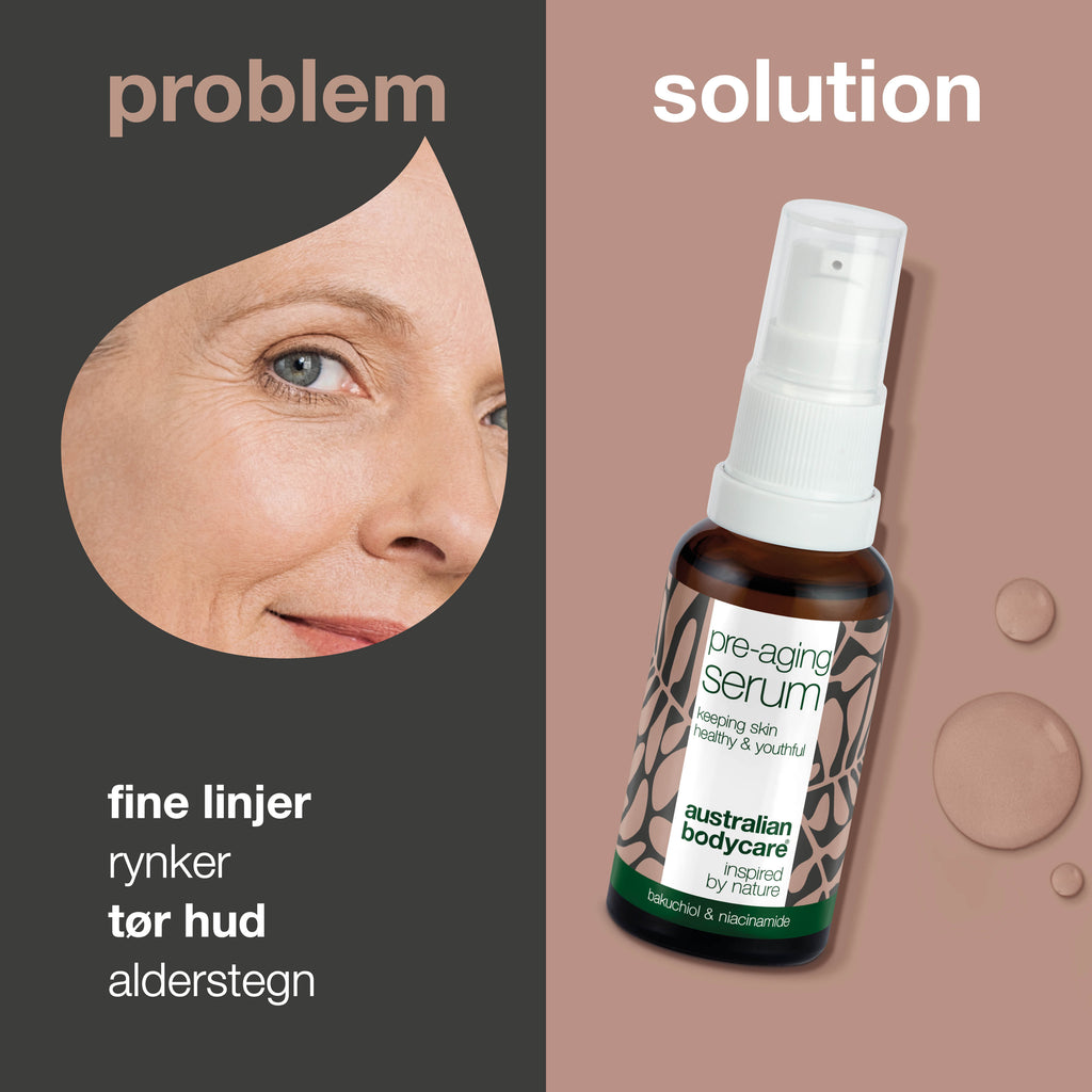 Pre-aging Serum – Forebyg rynker og fine linjer — Pre-aging Serum bekæmper alderstegn og giver fast hud med Peptider, Koffein og Hyaluronsyre. Udjævner linjer og tilfører intensiv fugt.