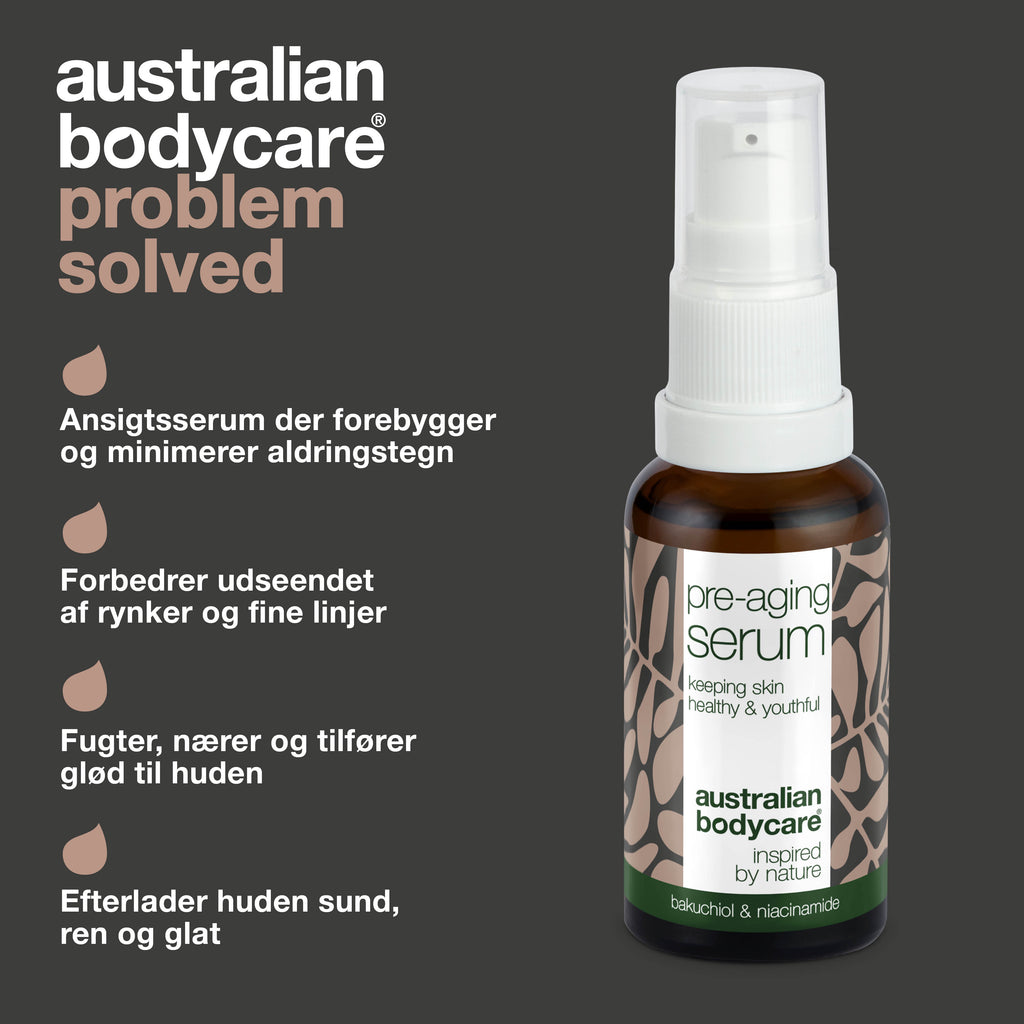 Pre-aging Serum – Forebyg rynker og fine linjer — Pre-aging Serum bekæmper alderstegn og giver fast hud med Peptider, Koffein og Hyaluronsyre. Udjævner linjer og tilfører intensiv fugt.