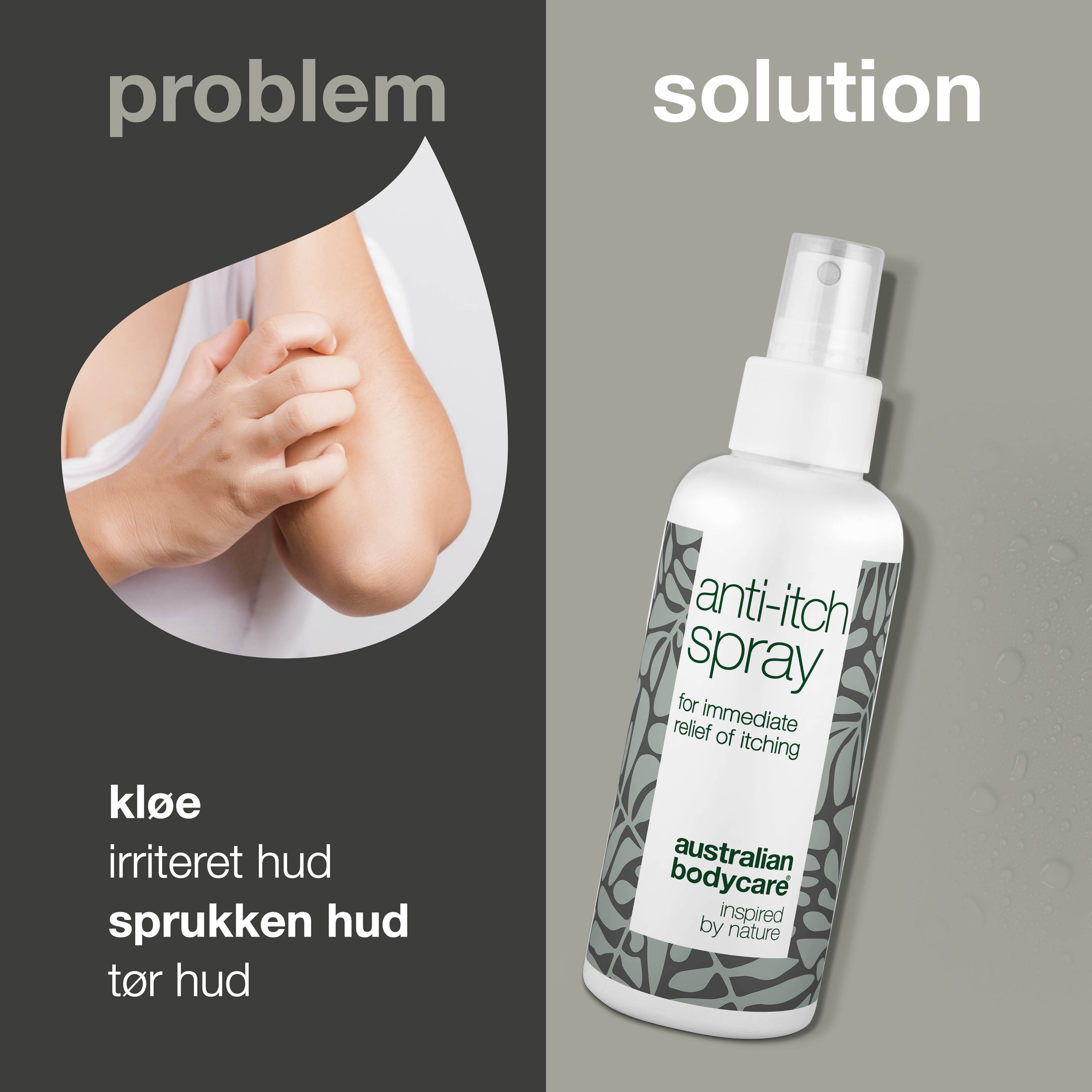 Spray til pleje ved kløende og irriteret hud på kroppen, ryggen & benene — Beroligende og lindrende til irriteret hud