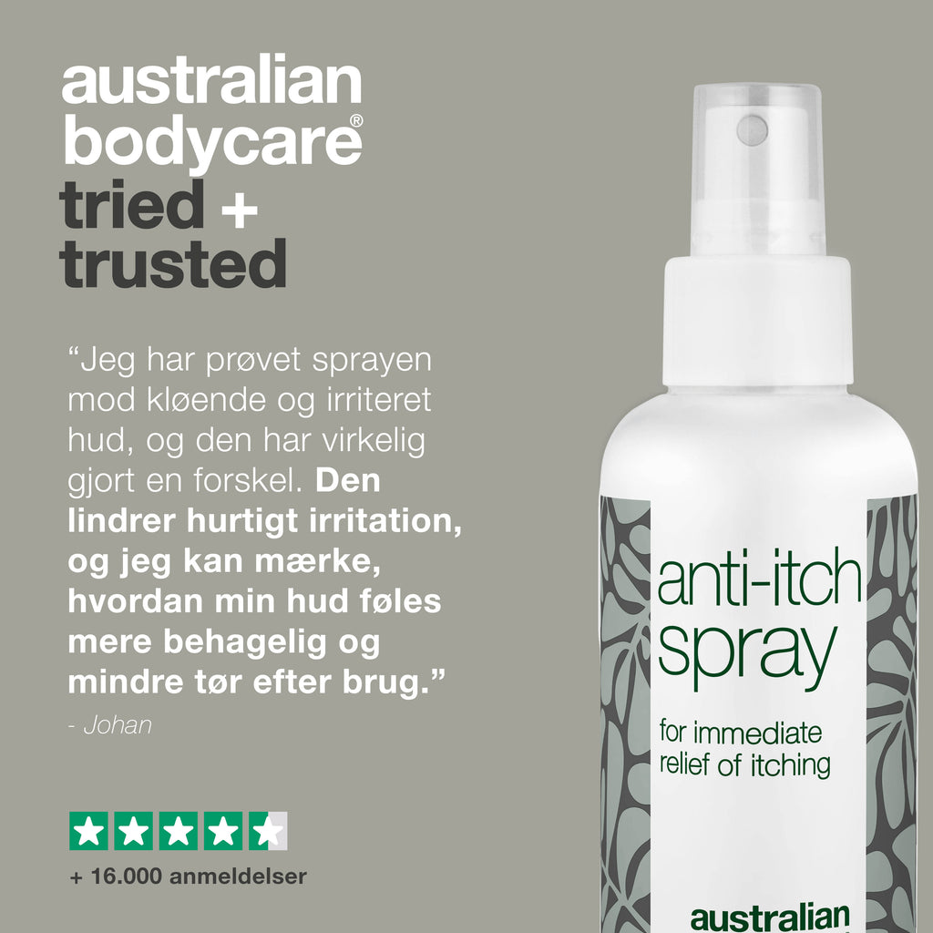 Spray til pleje ved kløende og irriteret hud på kroppen, ryggen & benene — Beroligende og lindrende til irriteret hud