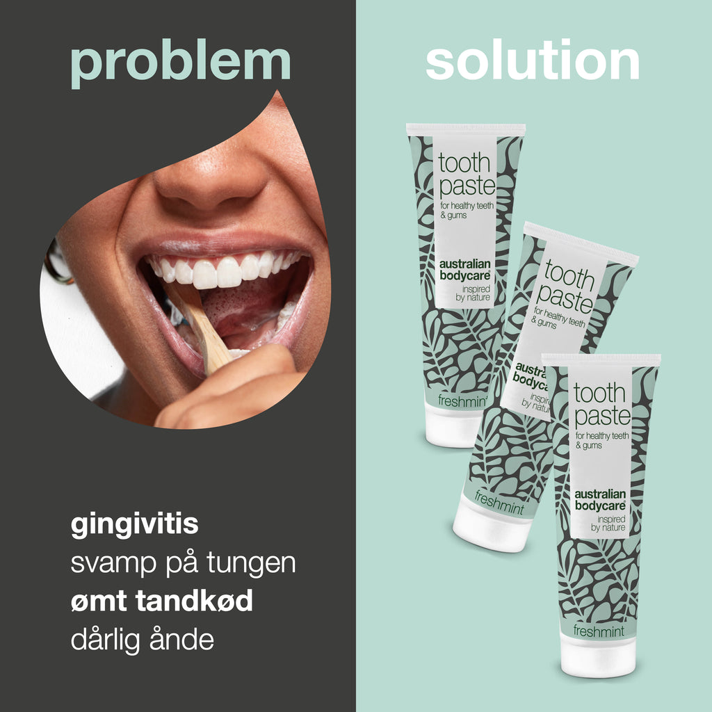 3 stk. Tea Tree Oil Tandpasta Freshmint — Til daglig pleje ved paradentose, svamp og tandkødsbetændelse