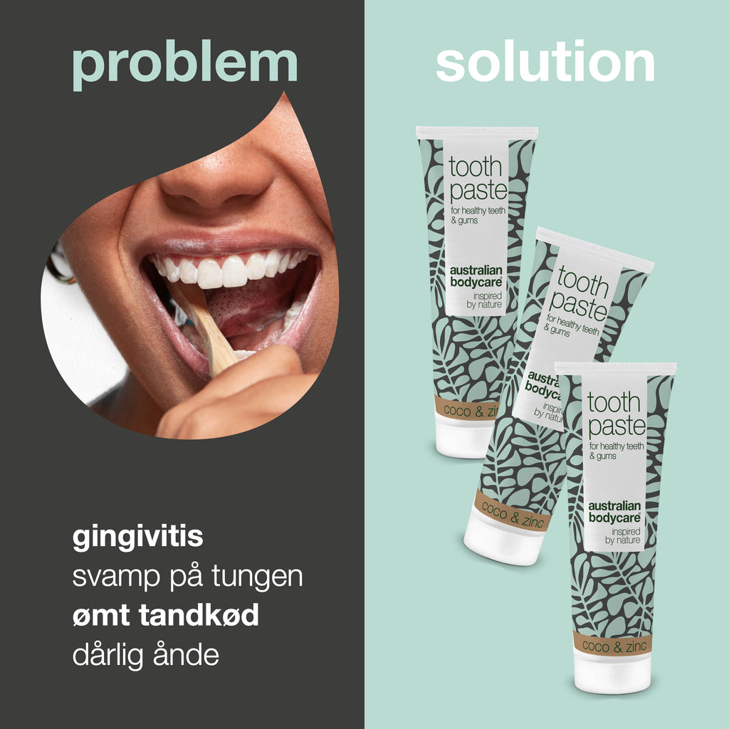 3 stk. Tea Tree Oil Tandpasta Kokos & Zink  — Til daglig pleje ved paradentose, svamp og tandkødsbetændelse