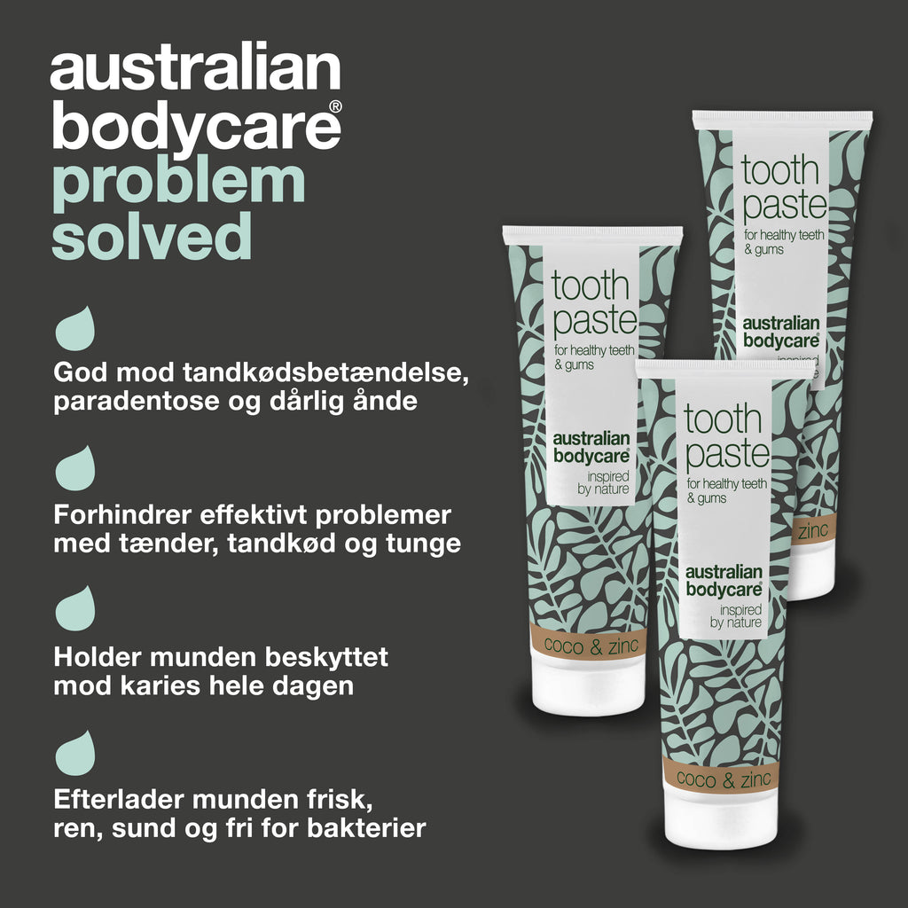 3 stk. Tea Tree Oil Tandpasta Kokos & Zink  — Til daglig pleje ved paradentose, svamp og tandkødsbetændelse