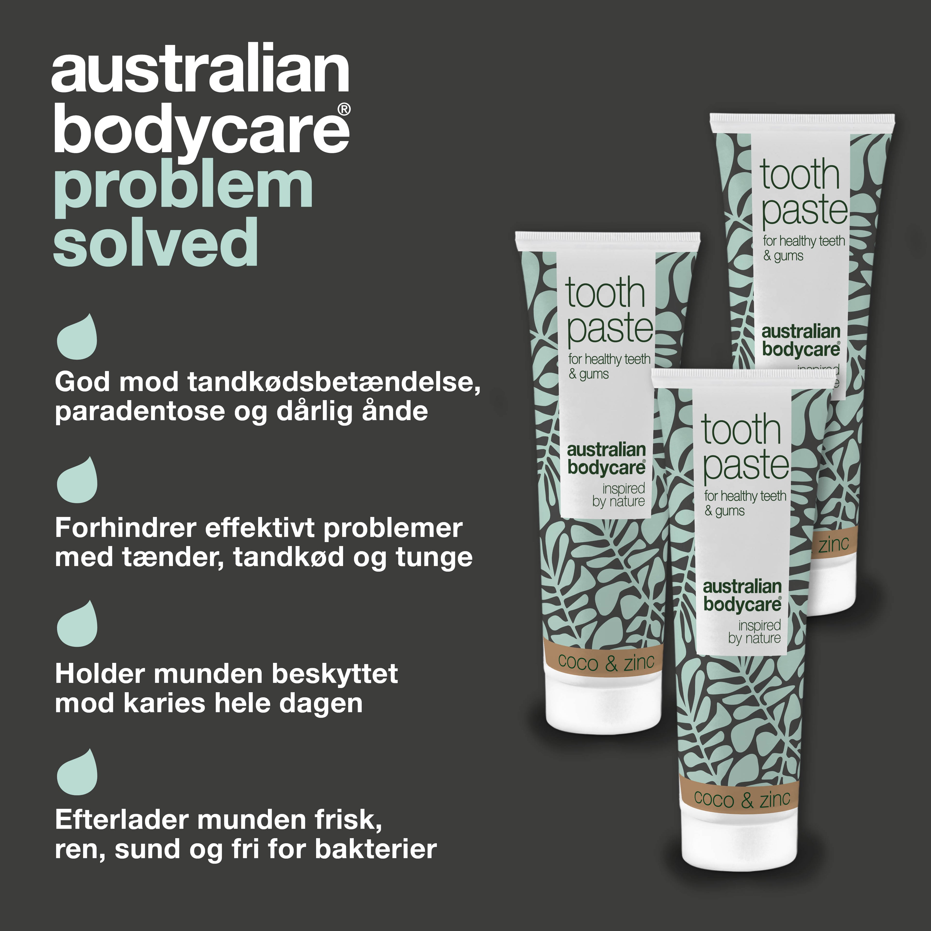 3 stk. Tea Tree Oil Tandpasta Kokos & Zink  — Til daglig pleje ved paradentose, svamp og tandkødsbetændelse