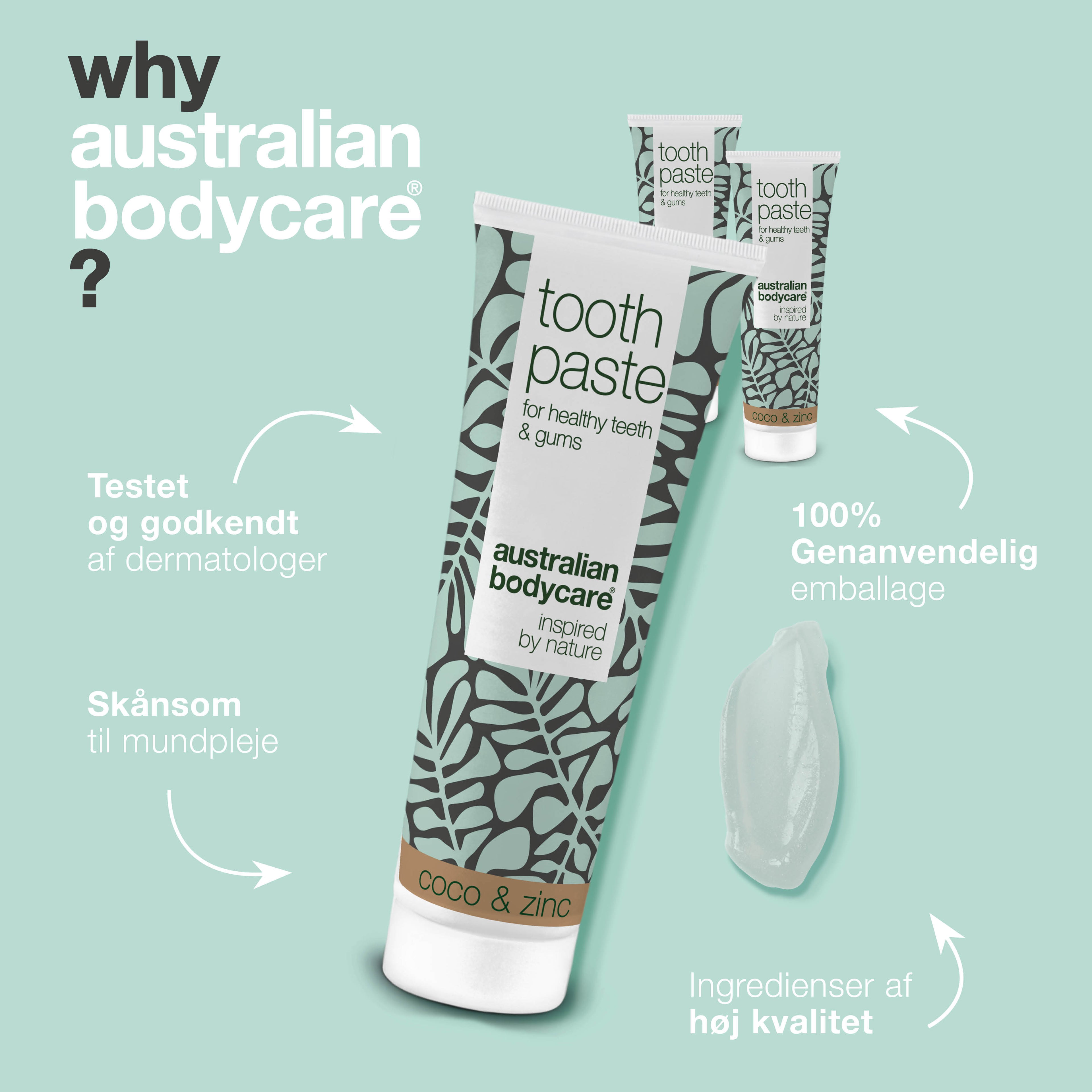 3 stk. Tea Tree Oil Tandpasta Kokos & Zink  — Til daglig pleje ved paradentose, svamp og tandkødsbetændelse