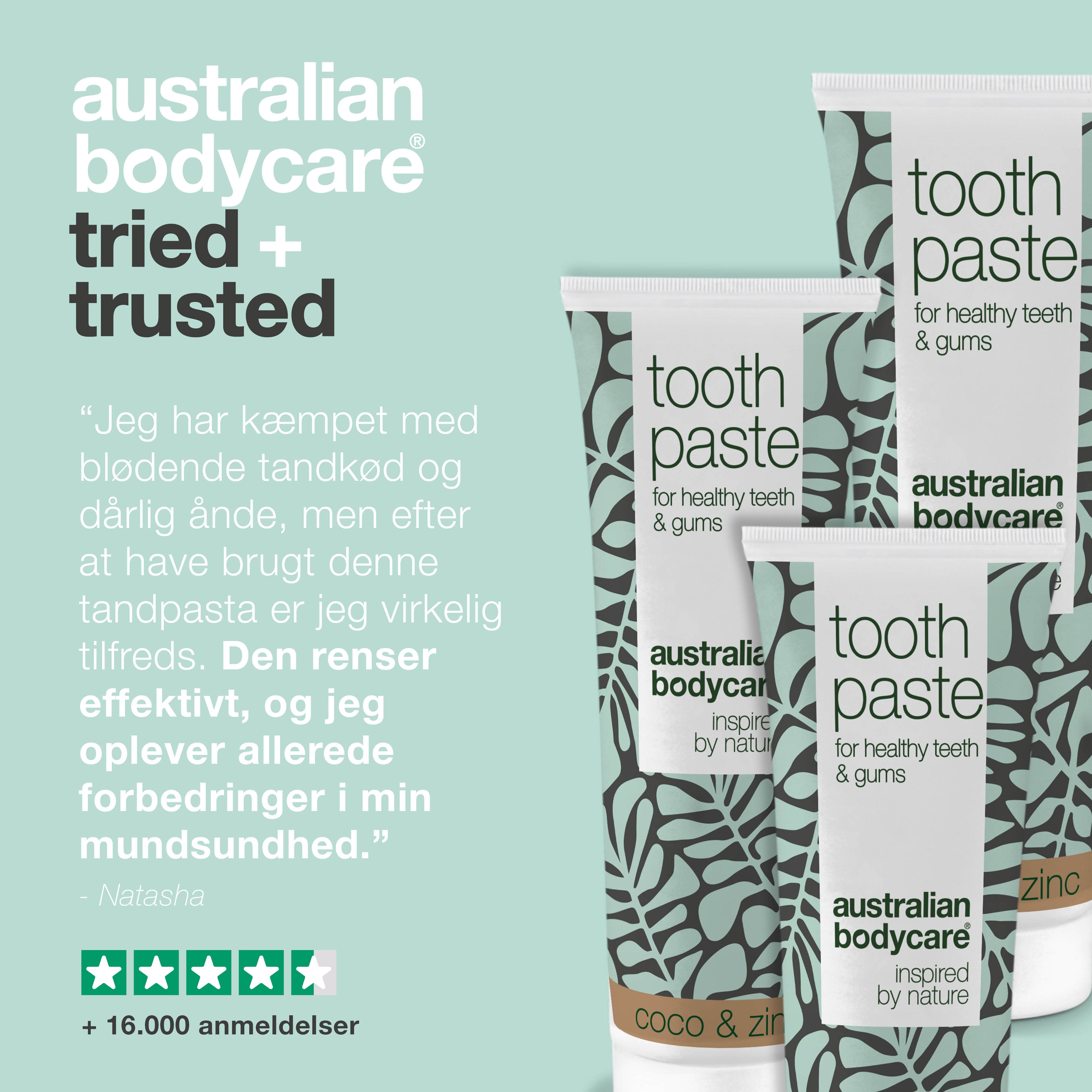 3 stk. Tea Tree Oil Tandpasta Kokos & Zink  — Til daglig pleje ved paradentose, svamp og tandkødsbetændelse