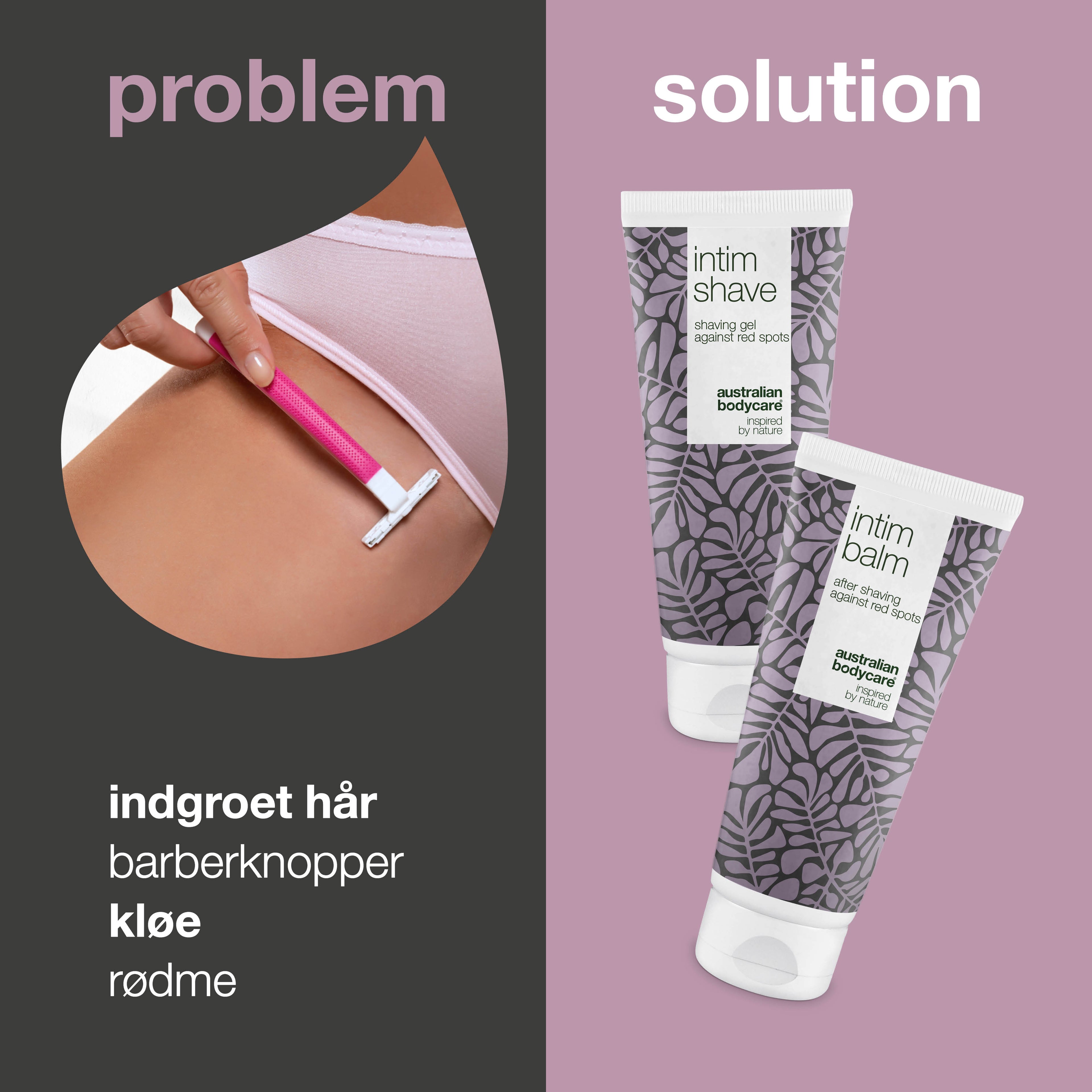 XL Sæt til intimbarbering uden røde knopper — Stor intim barbergel og aftershave balm mod indgroede hår