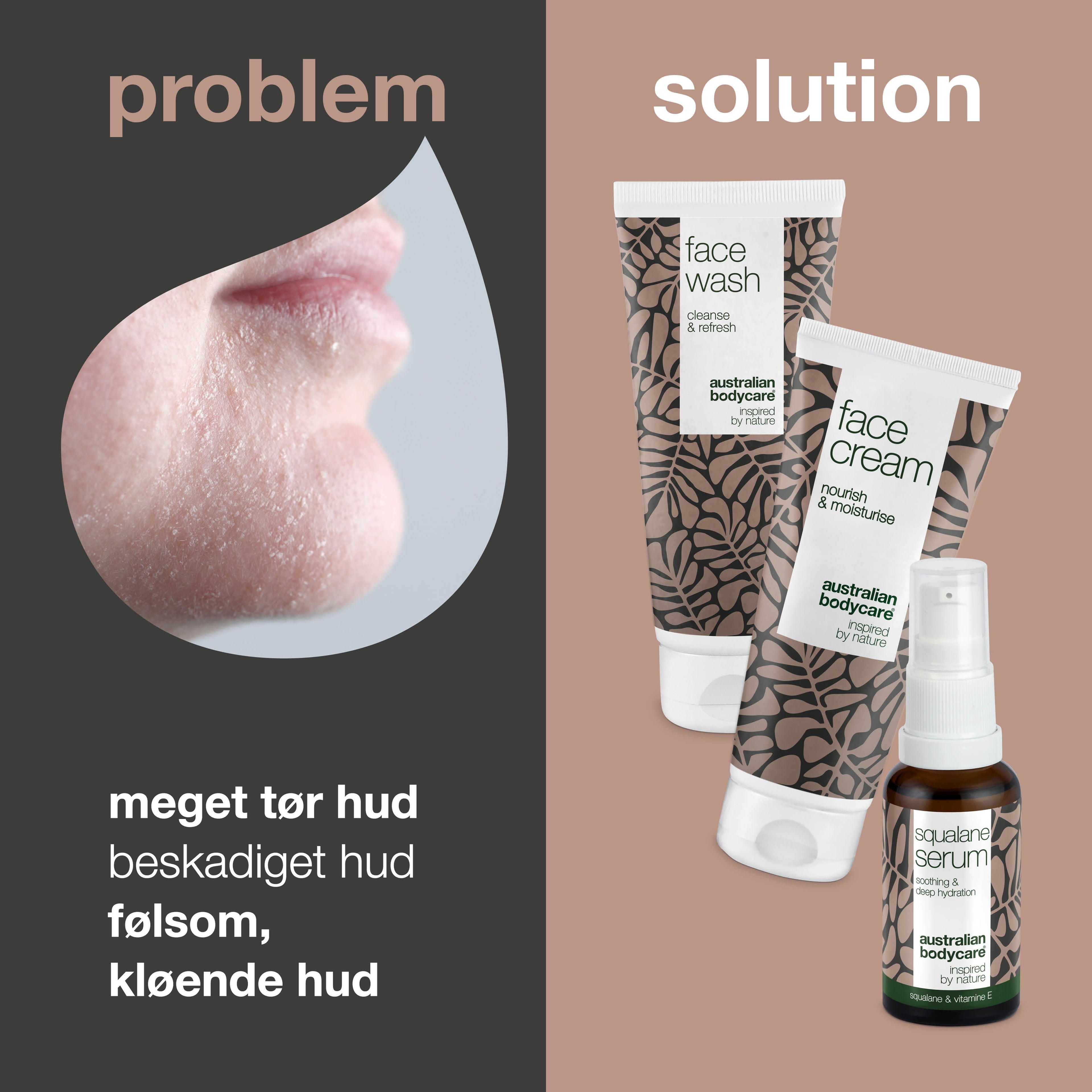 Sæt til kløende og meget tør hud i ansigtet — 3 fugtgivende produkter: ansigtsrens, Squalane Serum og creme