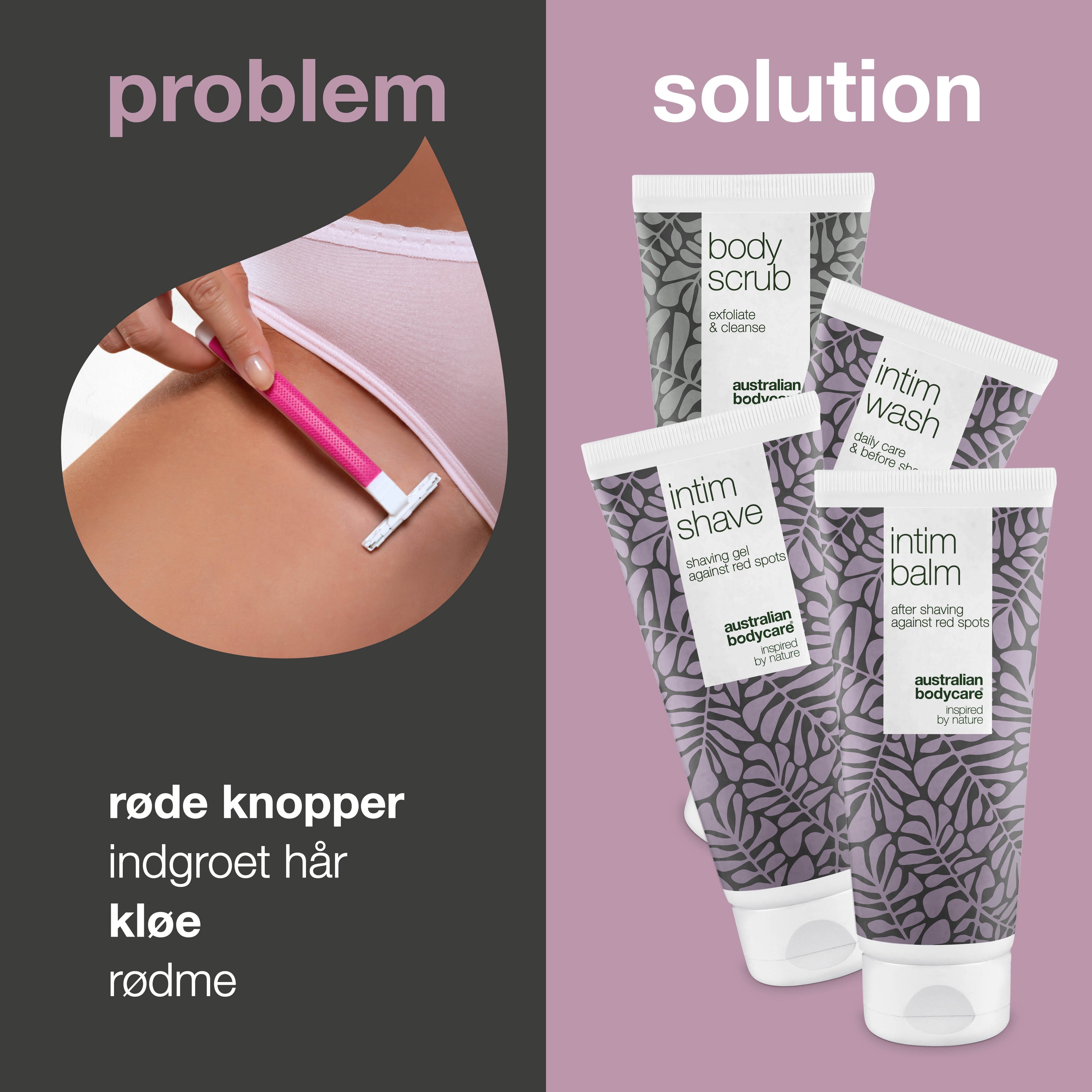 4-pak til intimbarbering mod røde knopper og indgroede hår — 4 produkter mod barberknopper og skægpest i intimområdet