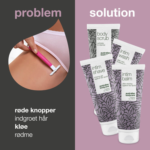 4-pak til intimbarbering mod røde knopper og indgroede hår — 4 produkter mod barberknopper og skægpest i intimområdet