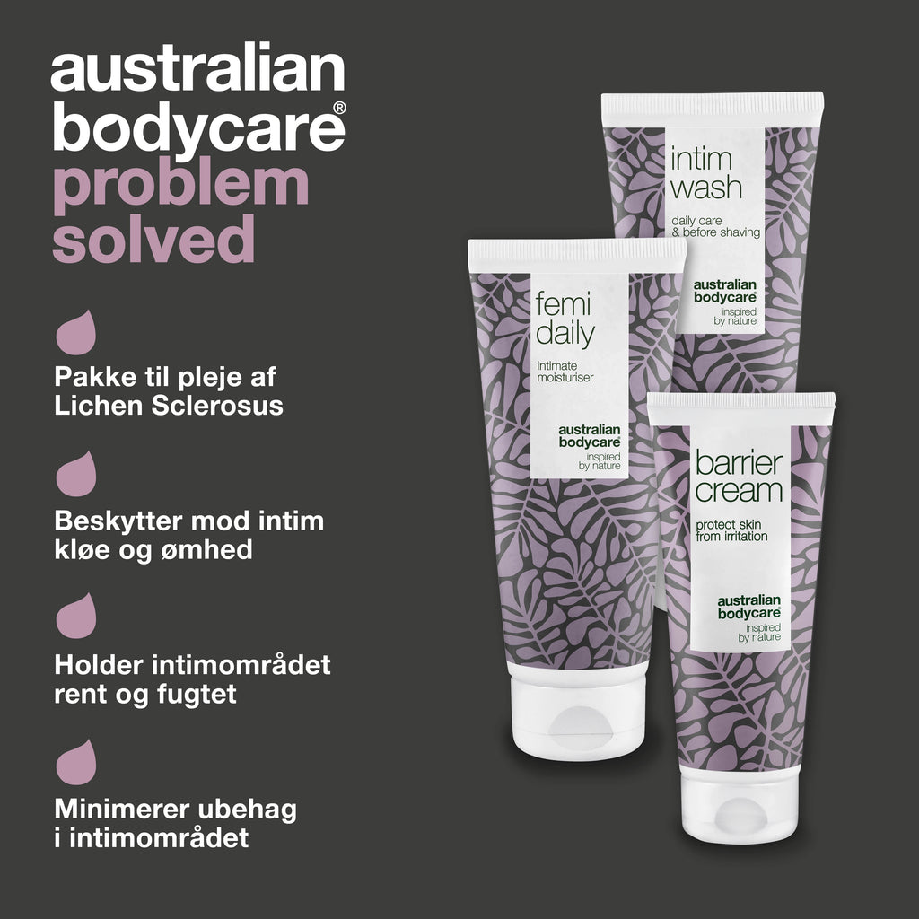 3-pak til pleje ved Lichen Sclerosus — Beroligende intimprodukter plejer og beskytter ved kløe og ømhed