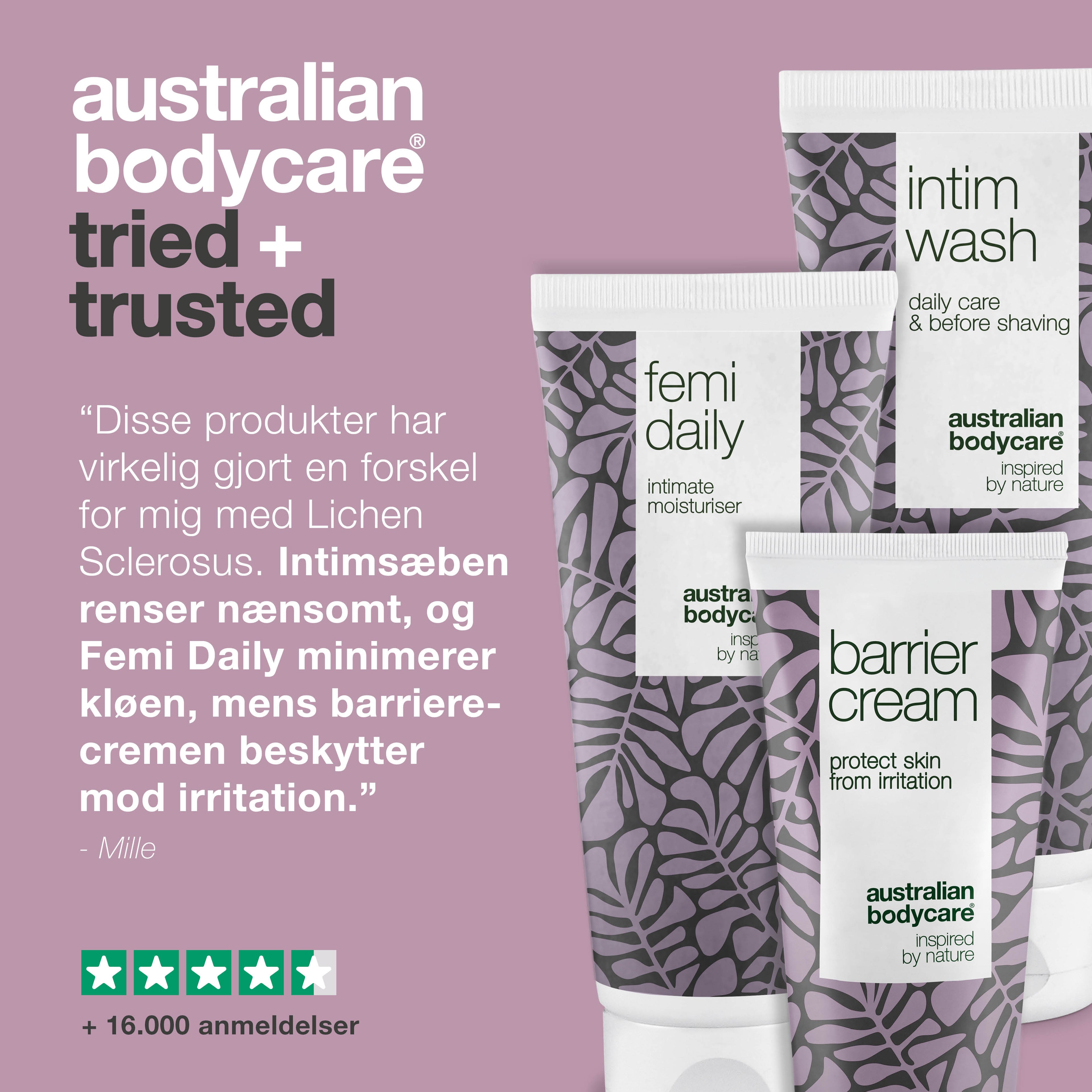 3-pak til pleje ved Lichen Sclerosus — Beroligende intimprodukter plejer og beskytter ved kløe og ømhed