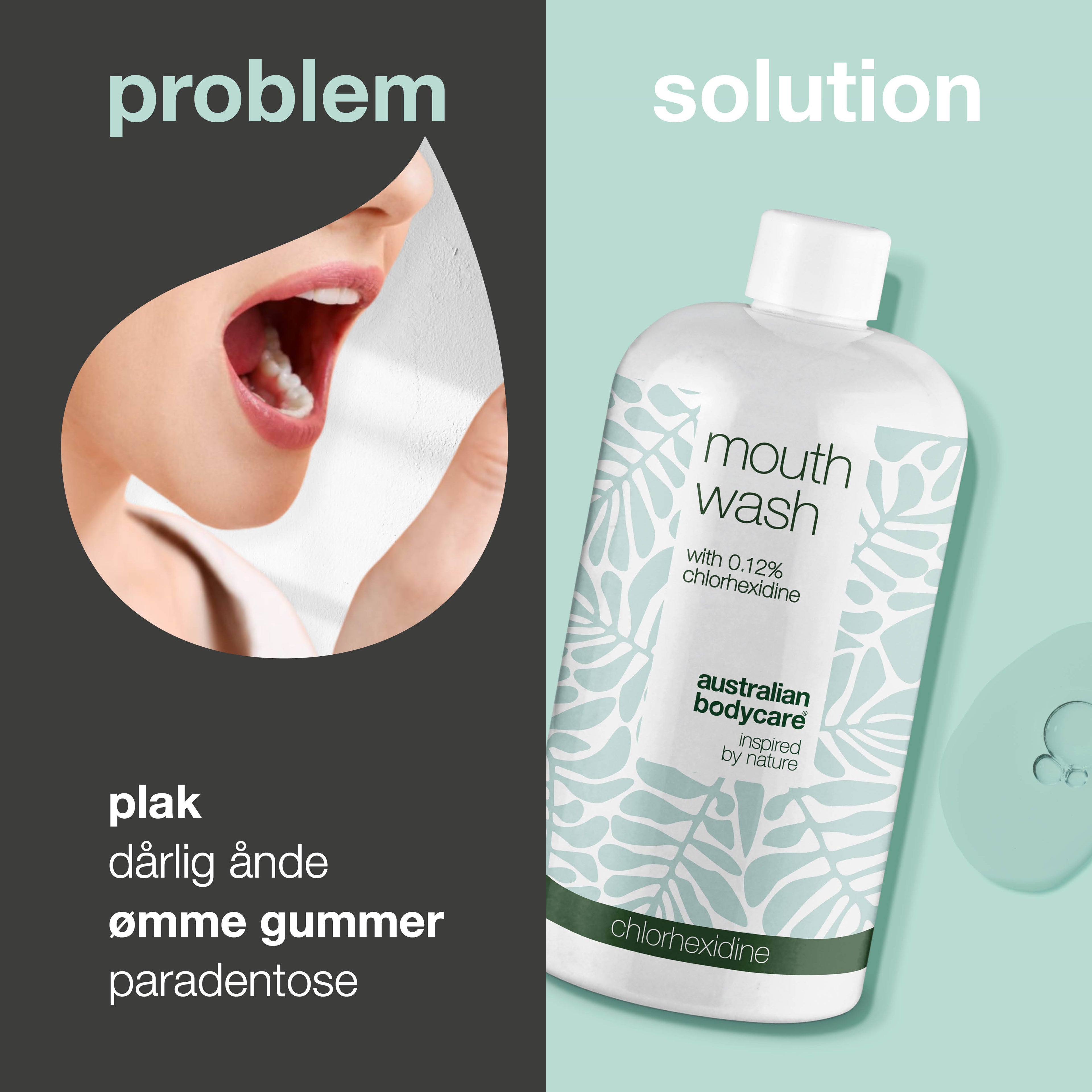 Klorhexidin mundskyl 0,12% med Tea Tree Oil — Mundskyllevæske til daglig pleje af ømt tandkød, paradentose og dårlig ånde