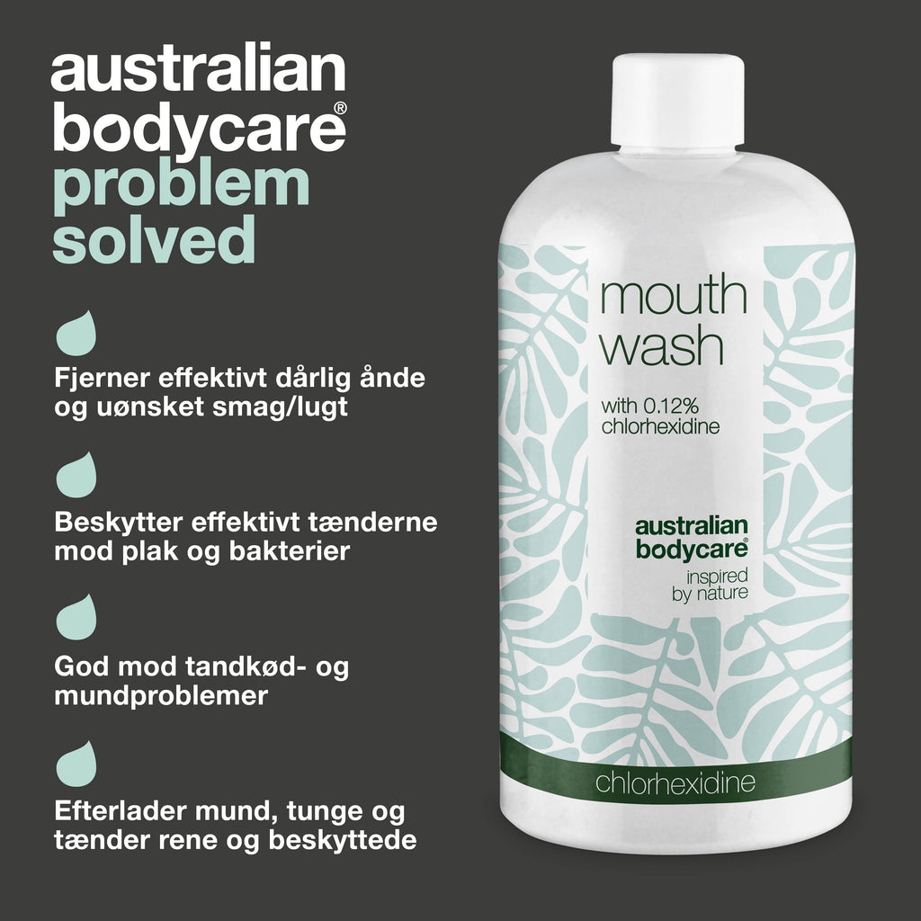 Klorhexidin mundskyl 0,12% med Tea Tree Oil — Mundskyllevæske til daglig pleje af ømt tandkød, paradentose og dårlig ånde