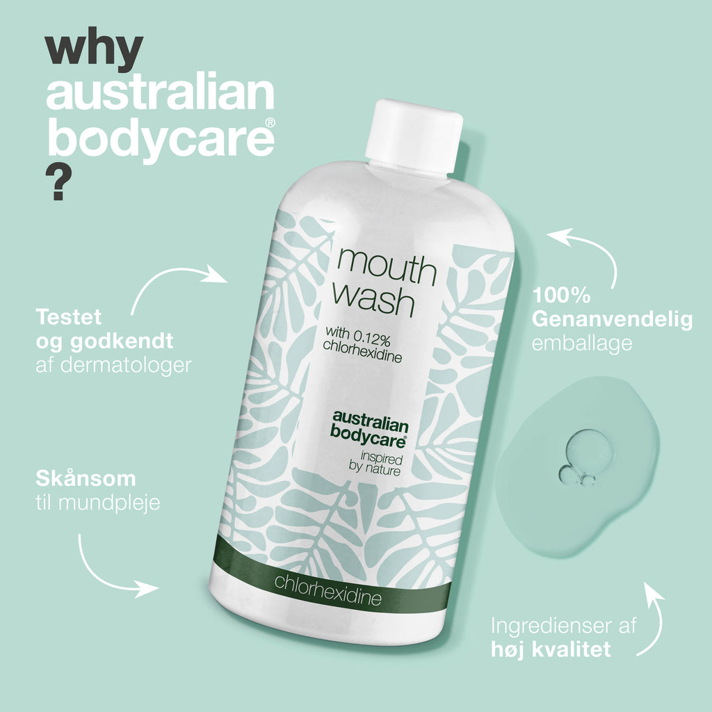Klorhexidin mundskyl 0,12% med Tea Tree Oil — Mundskyllevæske til daglig pleje af ømt tandkød, paradentose og dårlig ånde