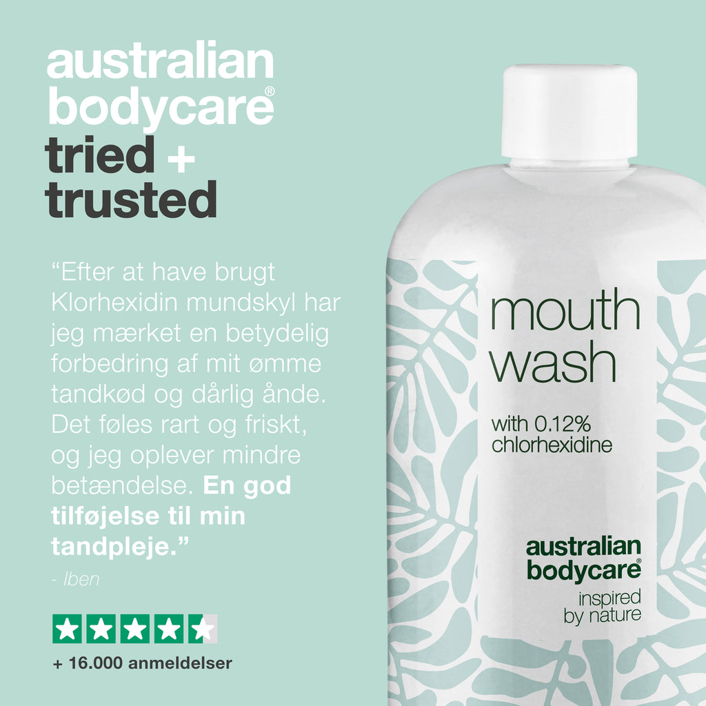 Klorhexidin mundskyl 0,12% med Tea Tree Oil — Mundskyllevæske til daglig pleje af ømt tandkød, paradentose og dårlig ånde