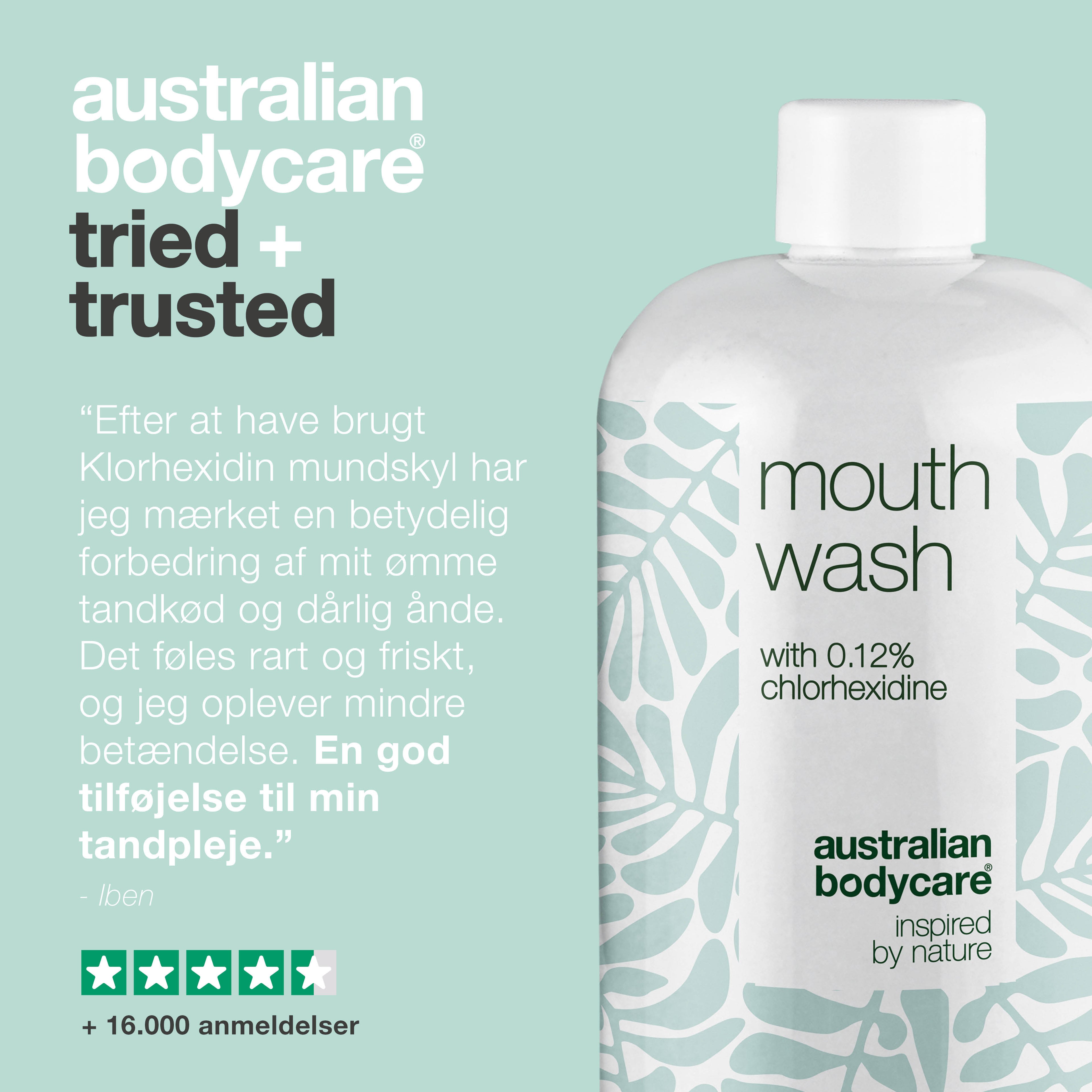 Klorhexidin mundskyl 0,12% med Tea Tree Oil — Mundskyllevæske til daglig pleje af ømt tandkød, paradentose og dårlig ånde