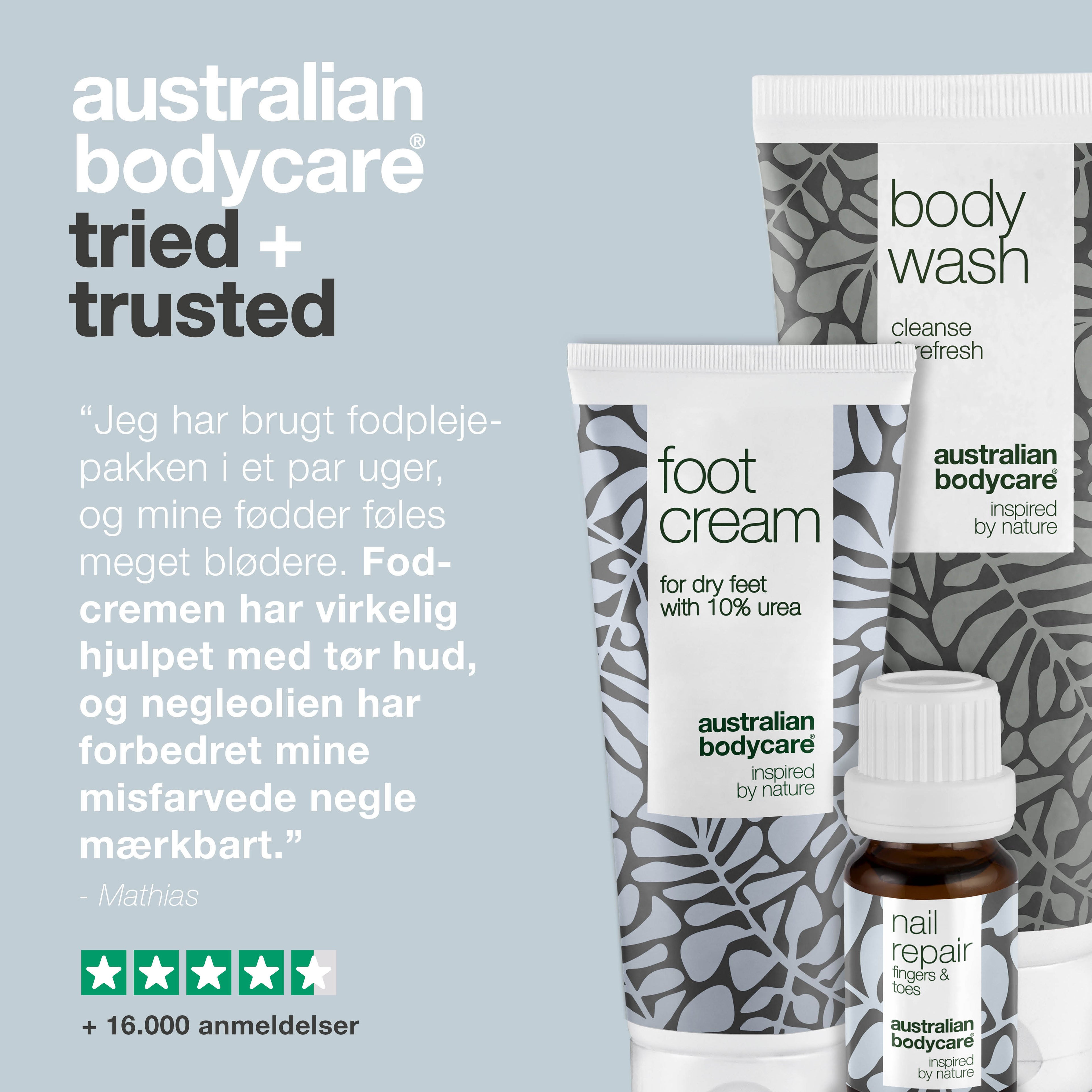 Fodplejepakke — 3 produkter til daglig pleje af tørre fødder og gule negle