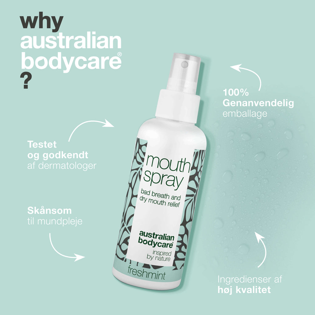 Mundspray mod tør mund og dårlig ånde – frisk ånde hele dagen — Effektiv mundspray, der fugter tør mund og giver frisk ånde. Brug dagligt for en ren og behagelig fornemmelse. Perfekt til brug på farten.