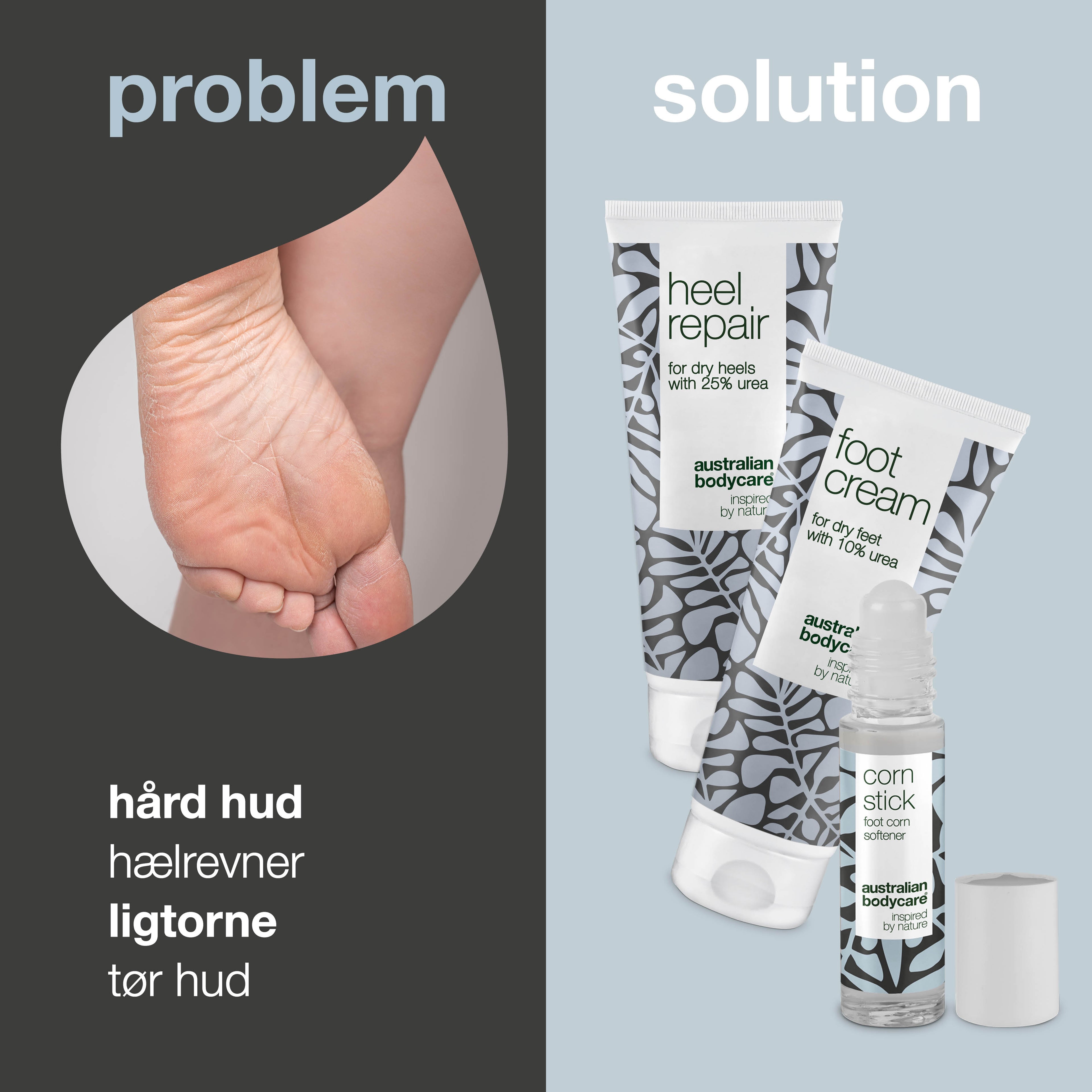 3 pak til pleje af ligtorne og hård hud — Fodcreme, hælcreme og ligtorneolie til tørre fødder