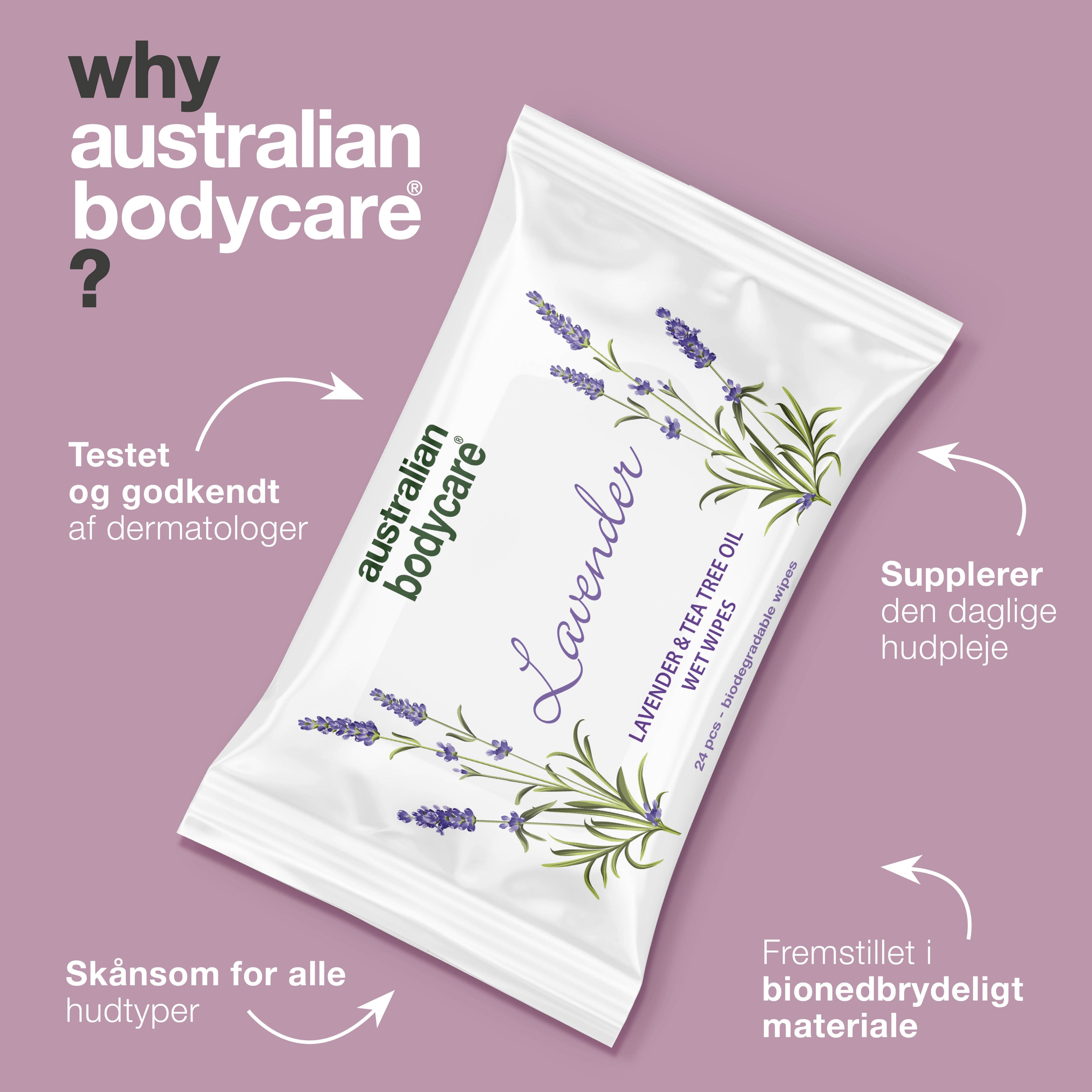 Vådservietter med Lavendel & Tea Tree Oil 24 stk. — Til rens og fugtpleje af ansigt og krop