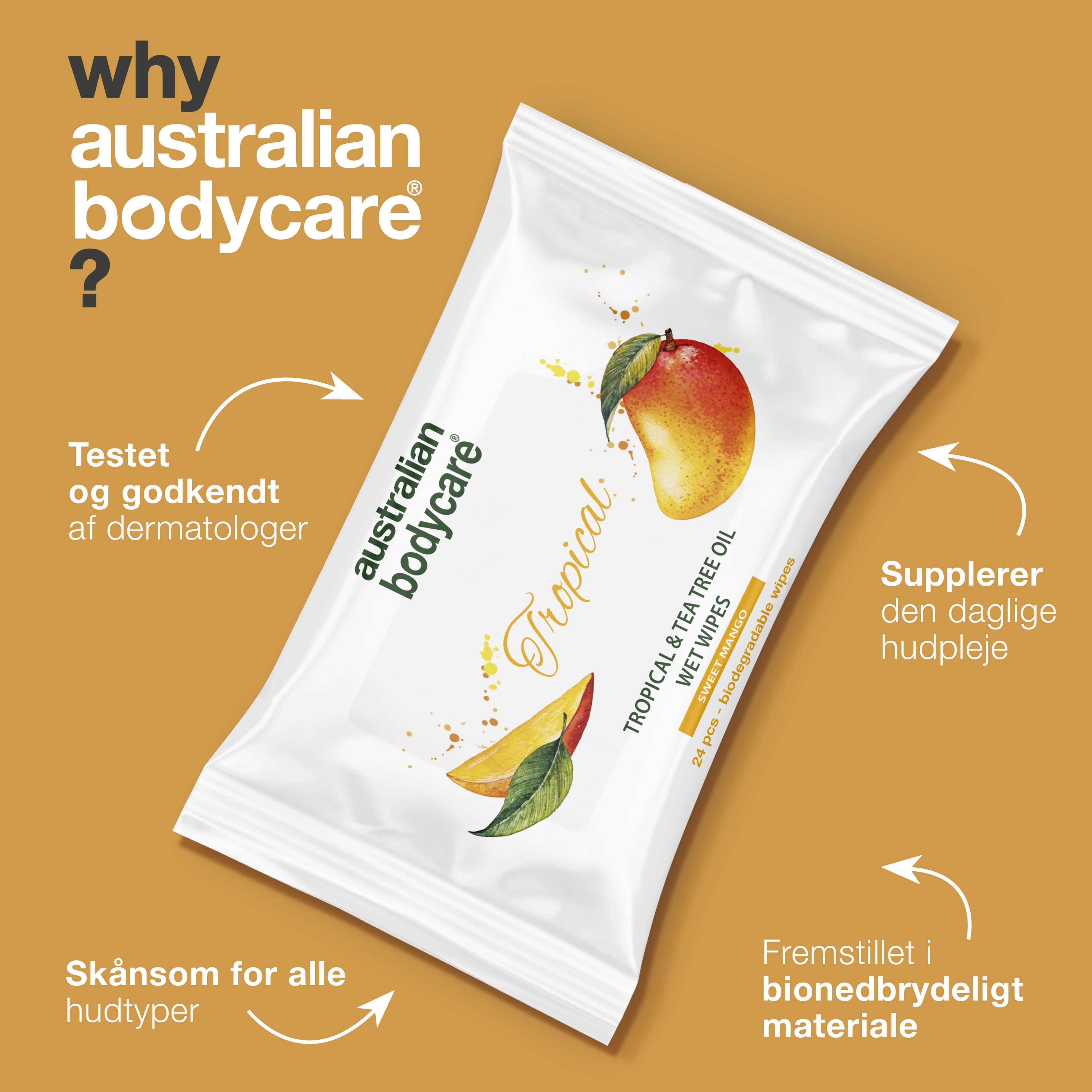 Tropical Vådservietter med Mango & Tea Tree Oil 24 stk. — Til daglig rens af krop og ansigt