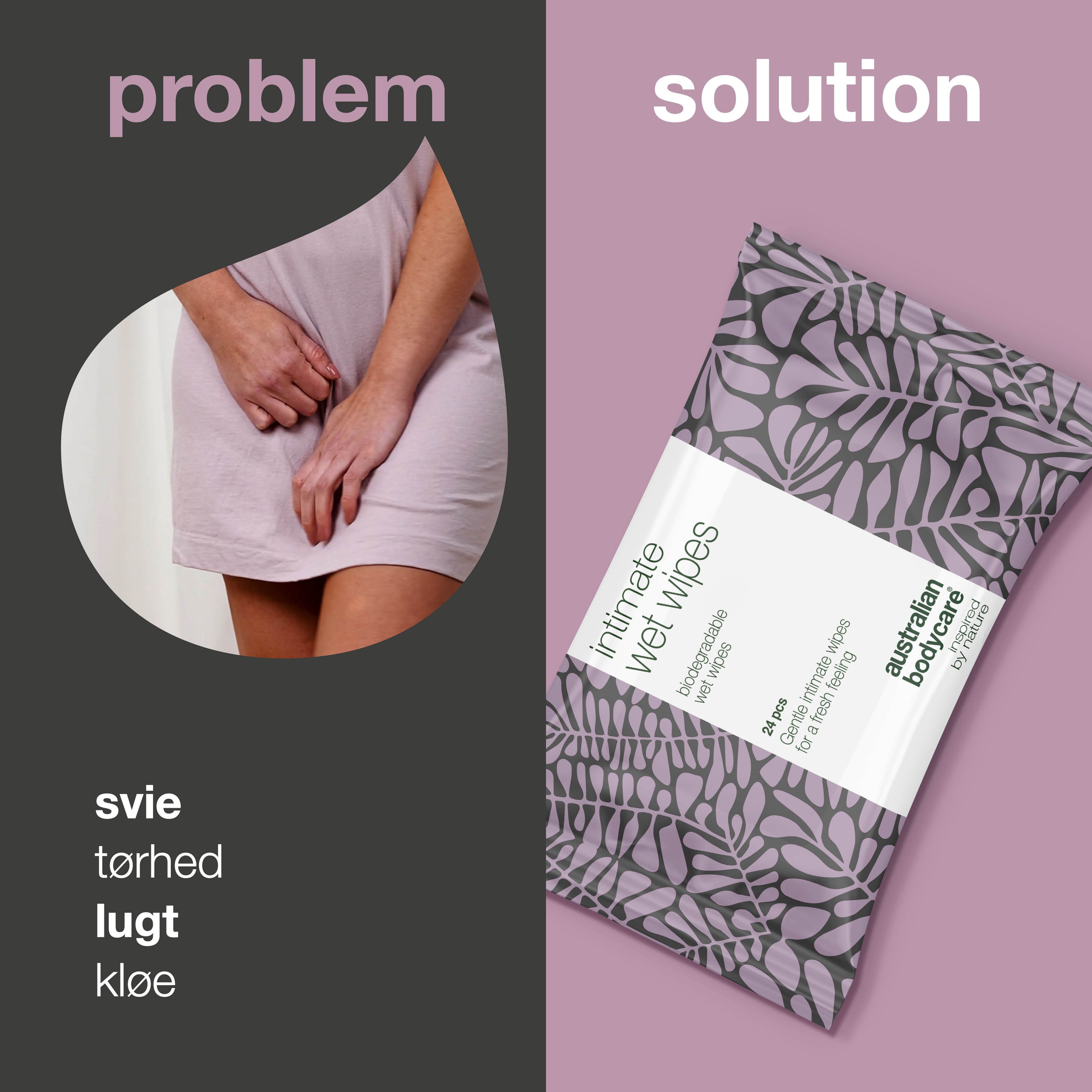 Intim Vådservietter med Tea Tree Oil 24 stk. — til daglig intimpleje ved uønsket lugt, kløe og tørhed