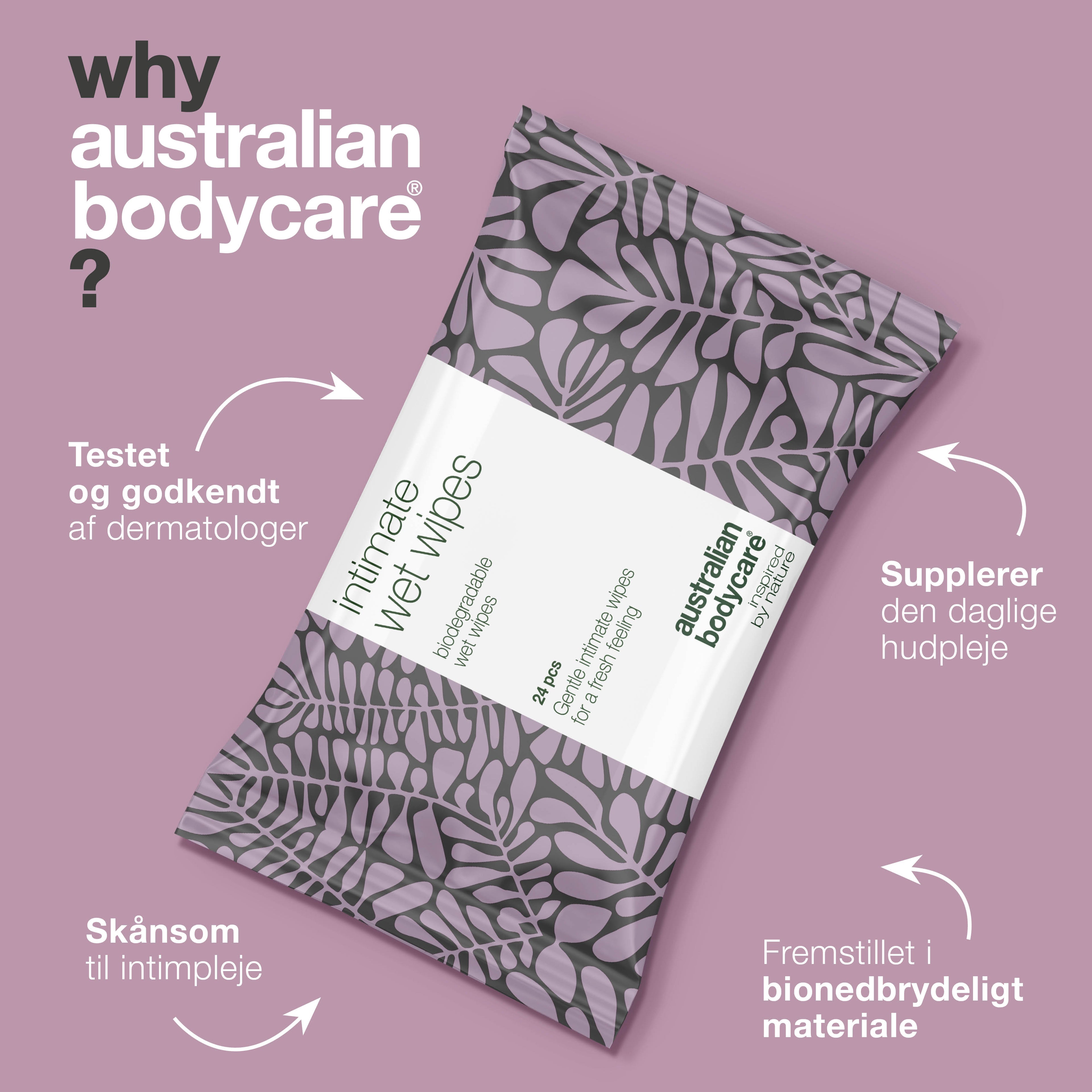 Intim Vådservietter med Tea Tree Oil 24 stk. — til daglig intimpleje ved uønsket lugt, kløe og tørhed