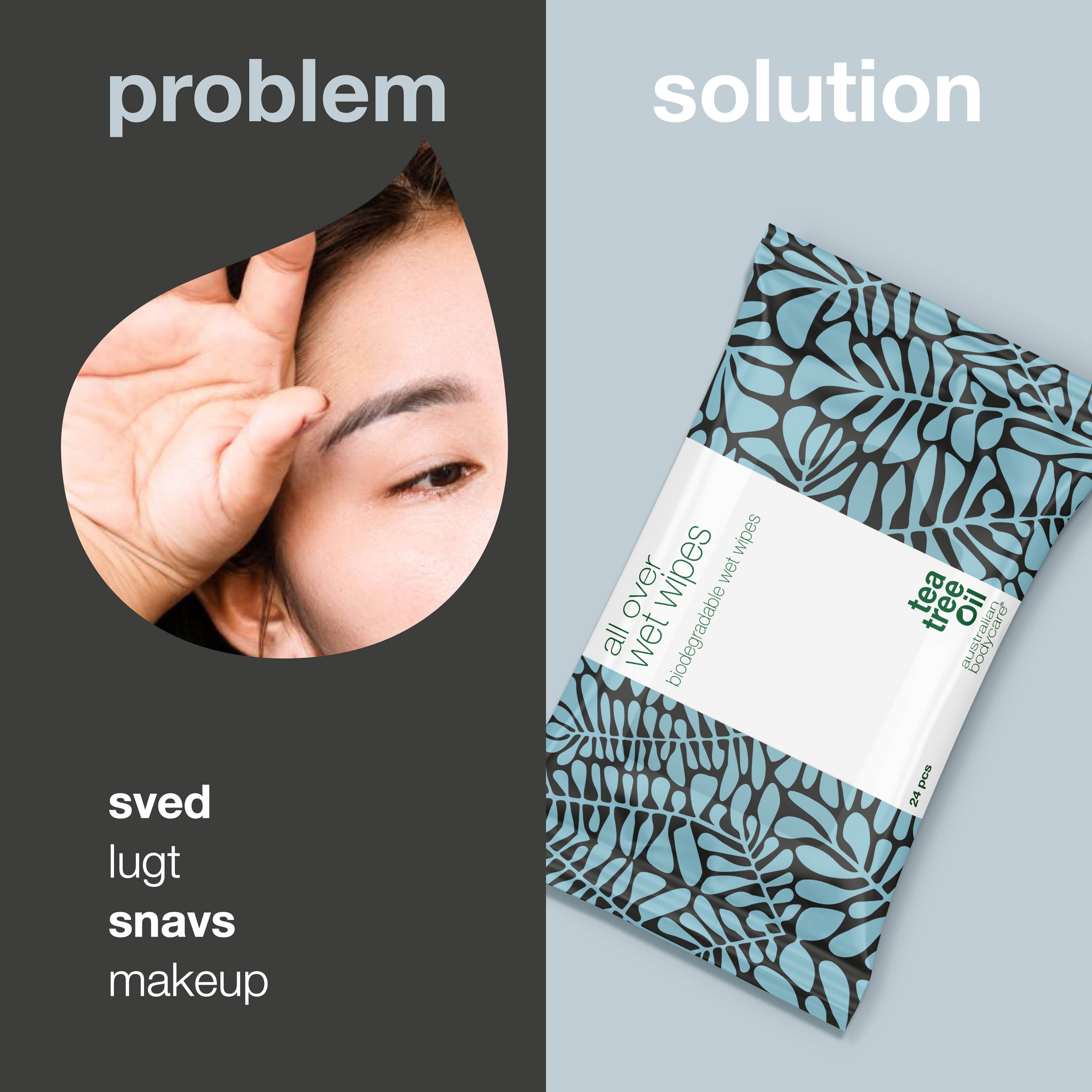 Vådservietter med Tea Tree Oil (24 stk.) — Bionedbrydelige, Renser og Opfrisker effektivt huden på kroppen