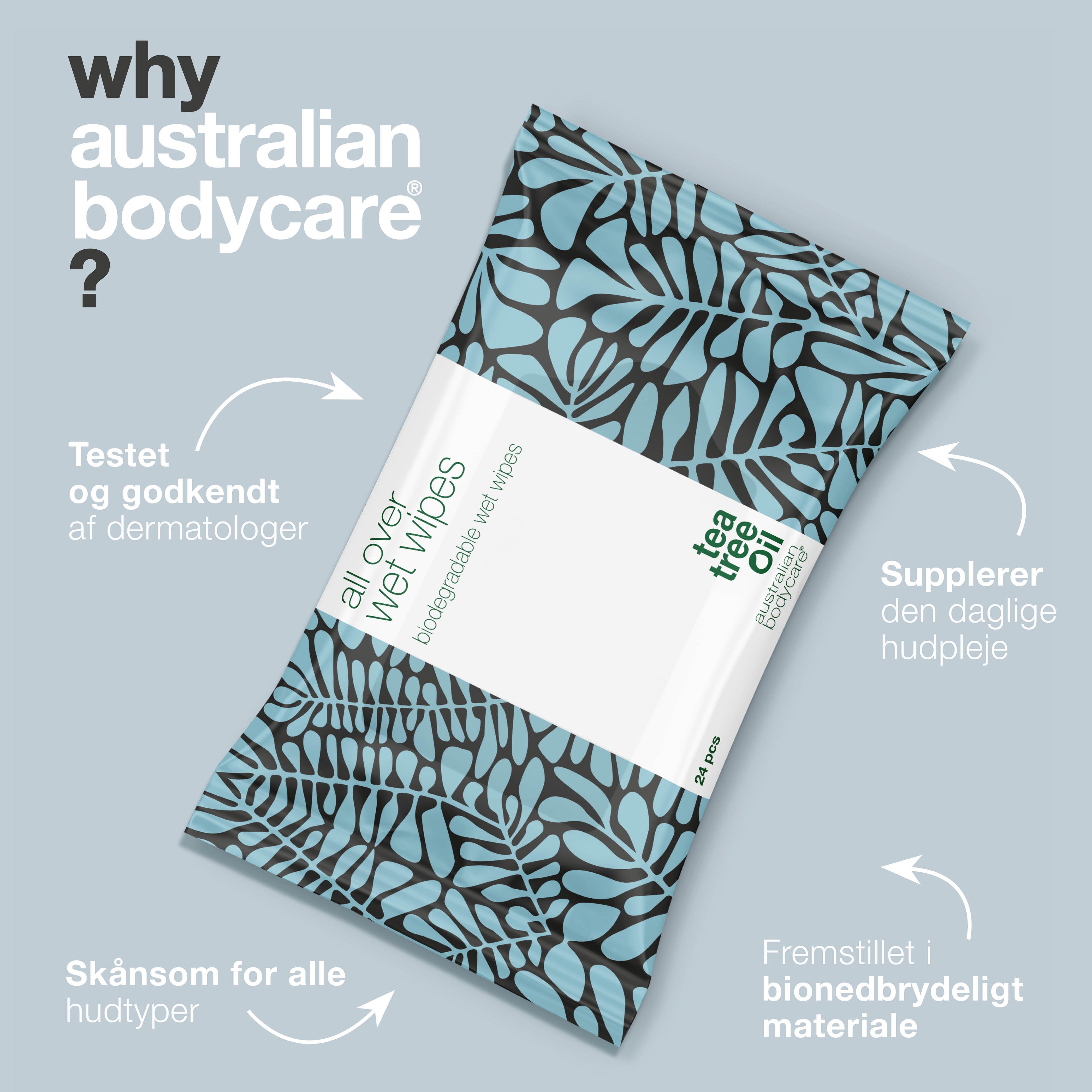 Vådservietter med Tea Tree Oil (24 stk.) — Bionedbrydelige, Renser og Opfrisker effektivt huden på kroppen