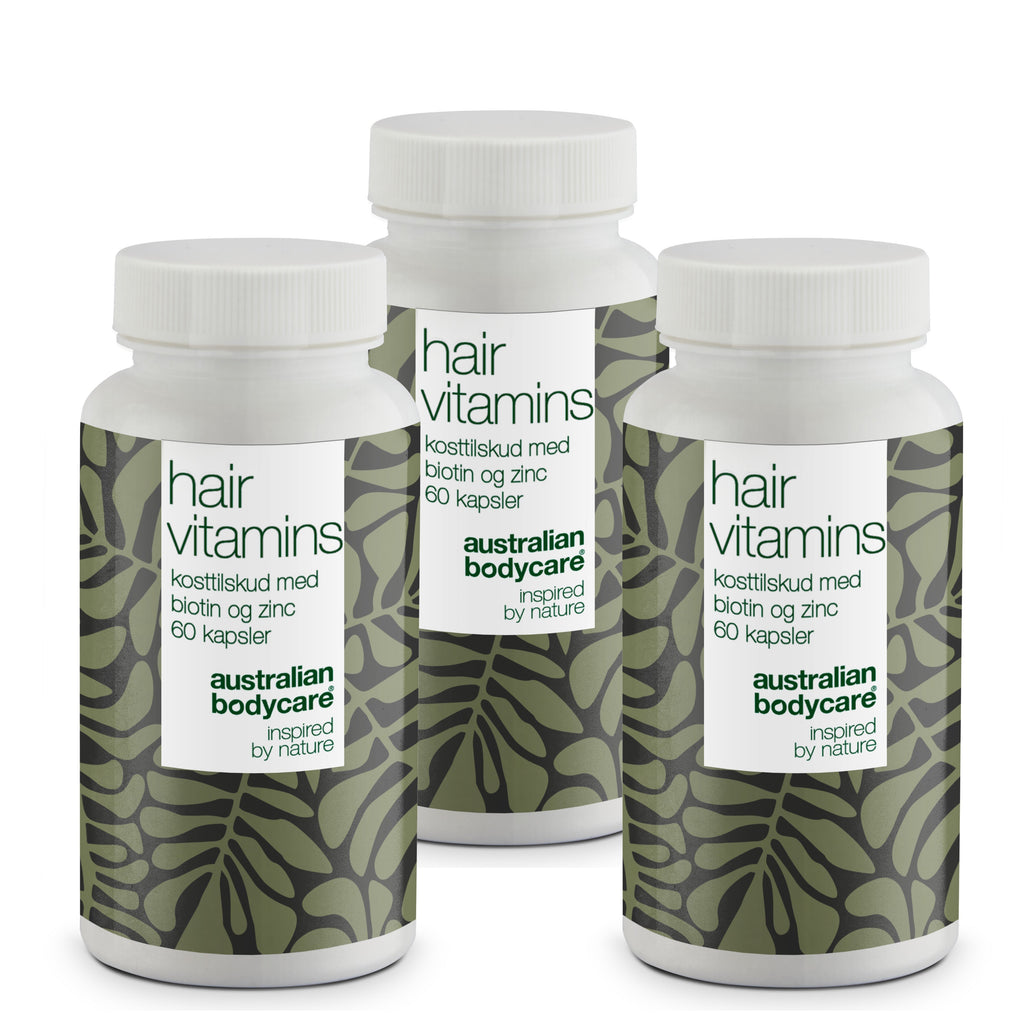 Hårvitaminer med Biotin — Vitaminer med højt indhold af biotin, som bidrager til at vedligeholde et normalt hår.