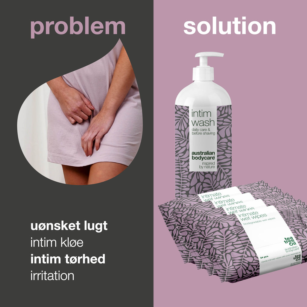 Pakke til god intimhygiejne — Intimsæbe og vådservietter mod kløe, svie og lugt