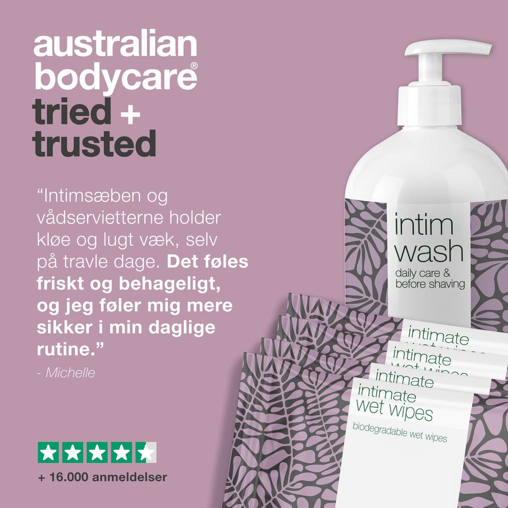 Pakke til god intimhygiejne — Intimsæbe og vådservietter mod kløe, svie og lugt
