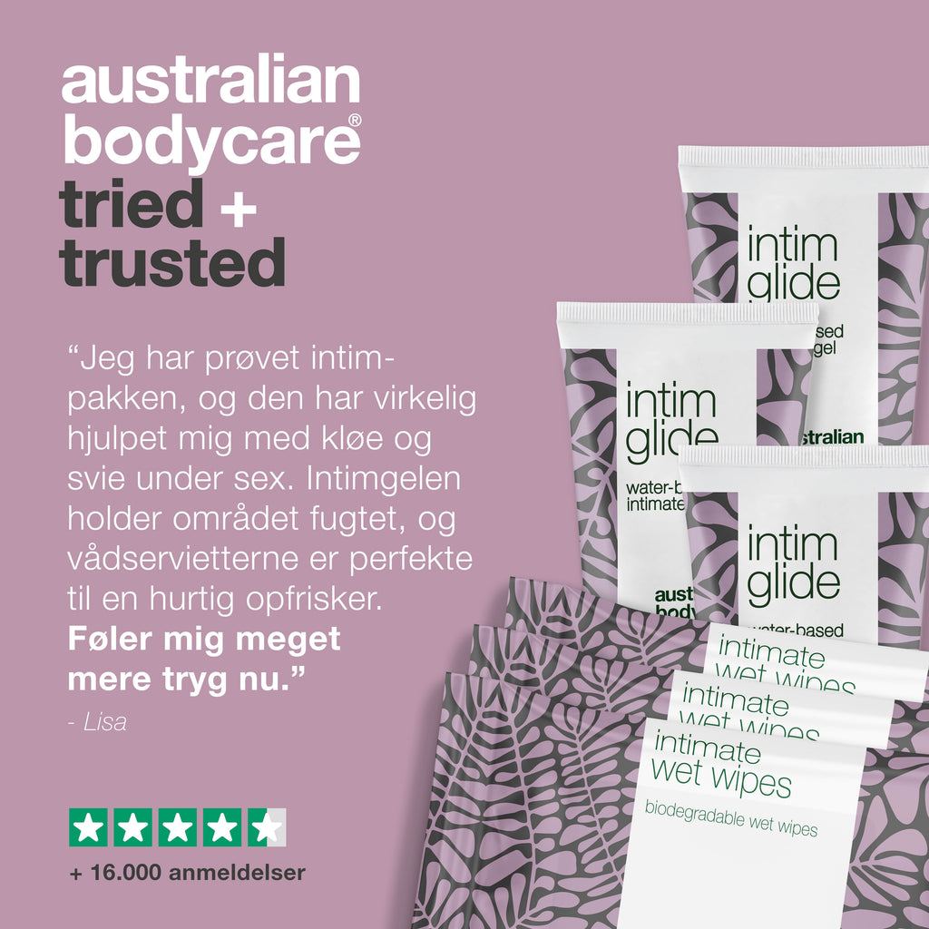 6-pak til pleje af svie under og efter samleje — Intimpakke mod svie, kløe, tørhed og uønsket lugt fra underliv
