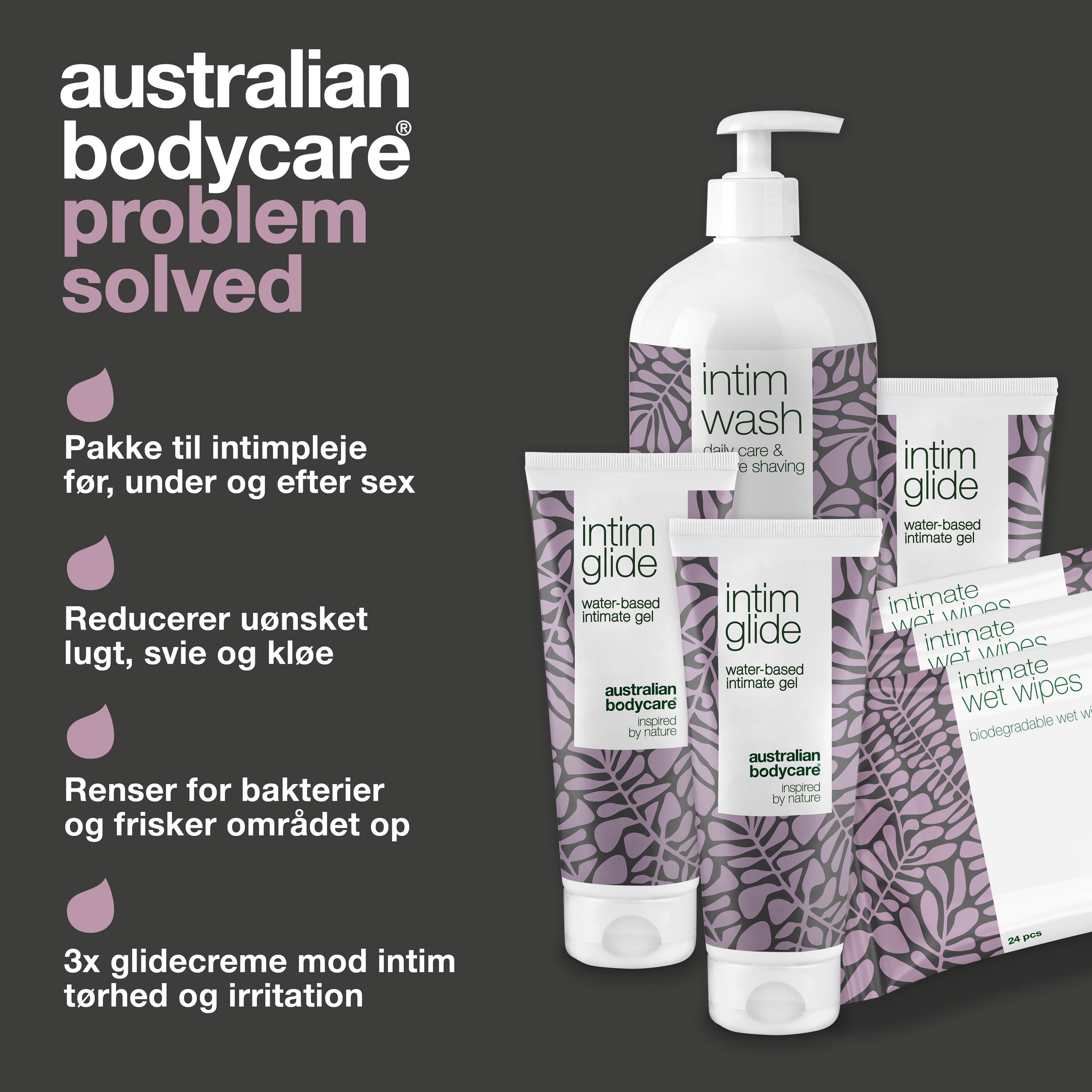 Pakke til pleje før, under og efter sex — Intimprodukter til pleje ved intim irritation i forbindelse med sex