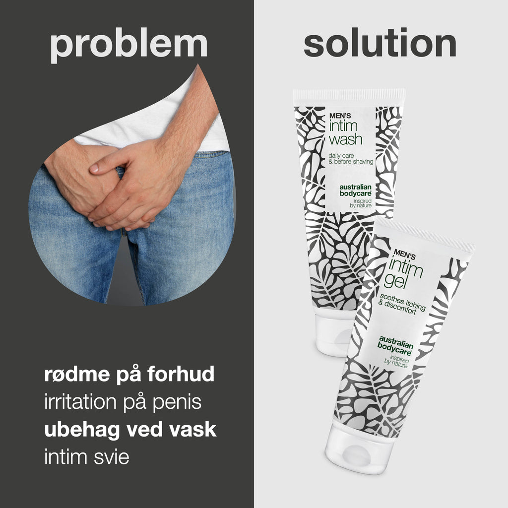 Pakke mod rød forhud - Skånsom intimvask og pleje — Lindr rød og irriteret forhud med vores pakke. Men's Intimate Wash og Intim Gel sikrer effektiv pleje og hygiejne.