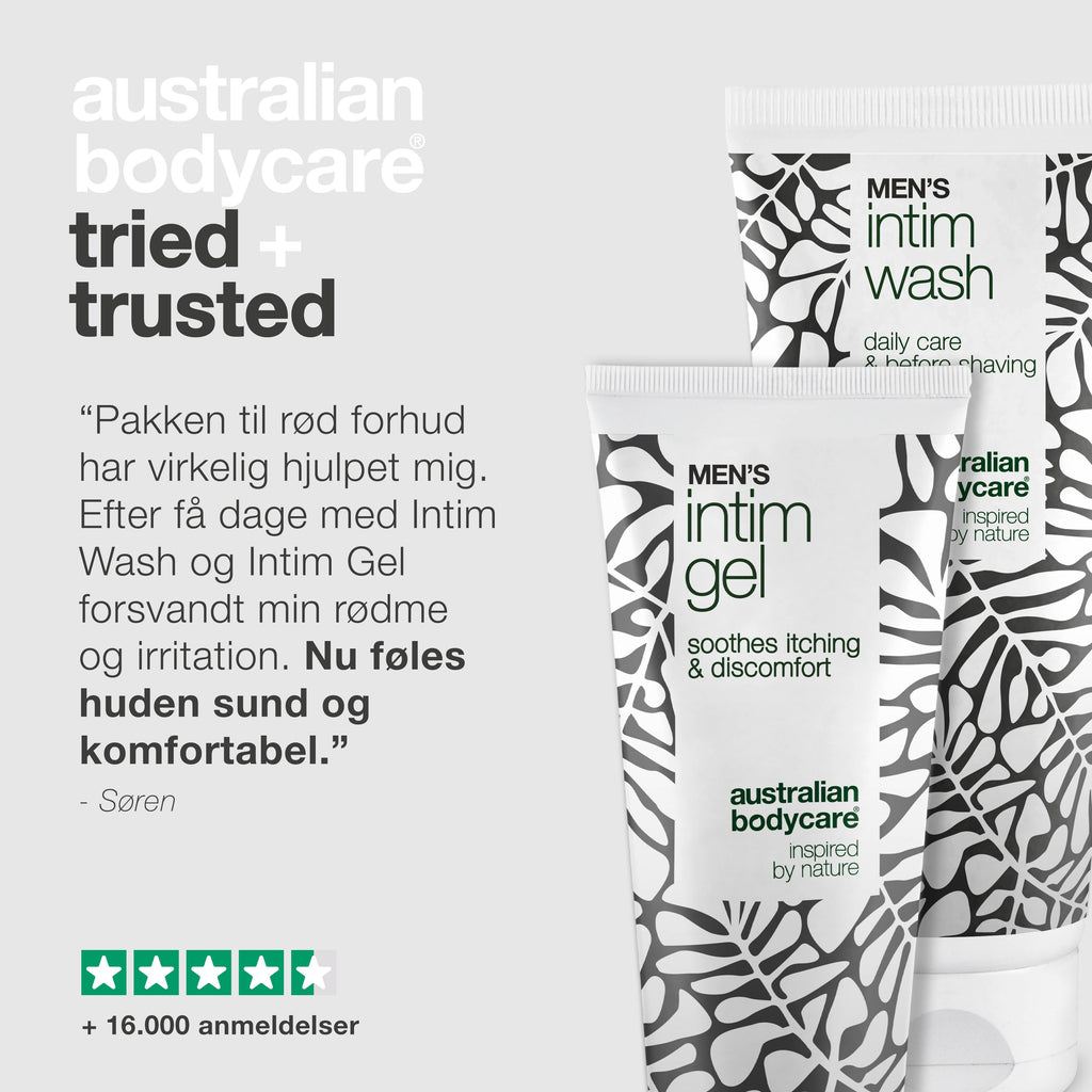 Pakke mod rød forhud - Skånsom intimvask og pleje — Lindr rød og irriteret forhud med vores pakke. Men's Intimate Wash og Intim Gel sikrer effektiv pleje og hygiejne.